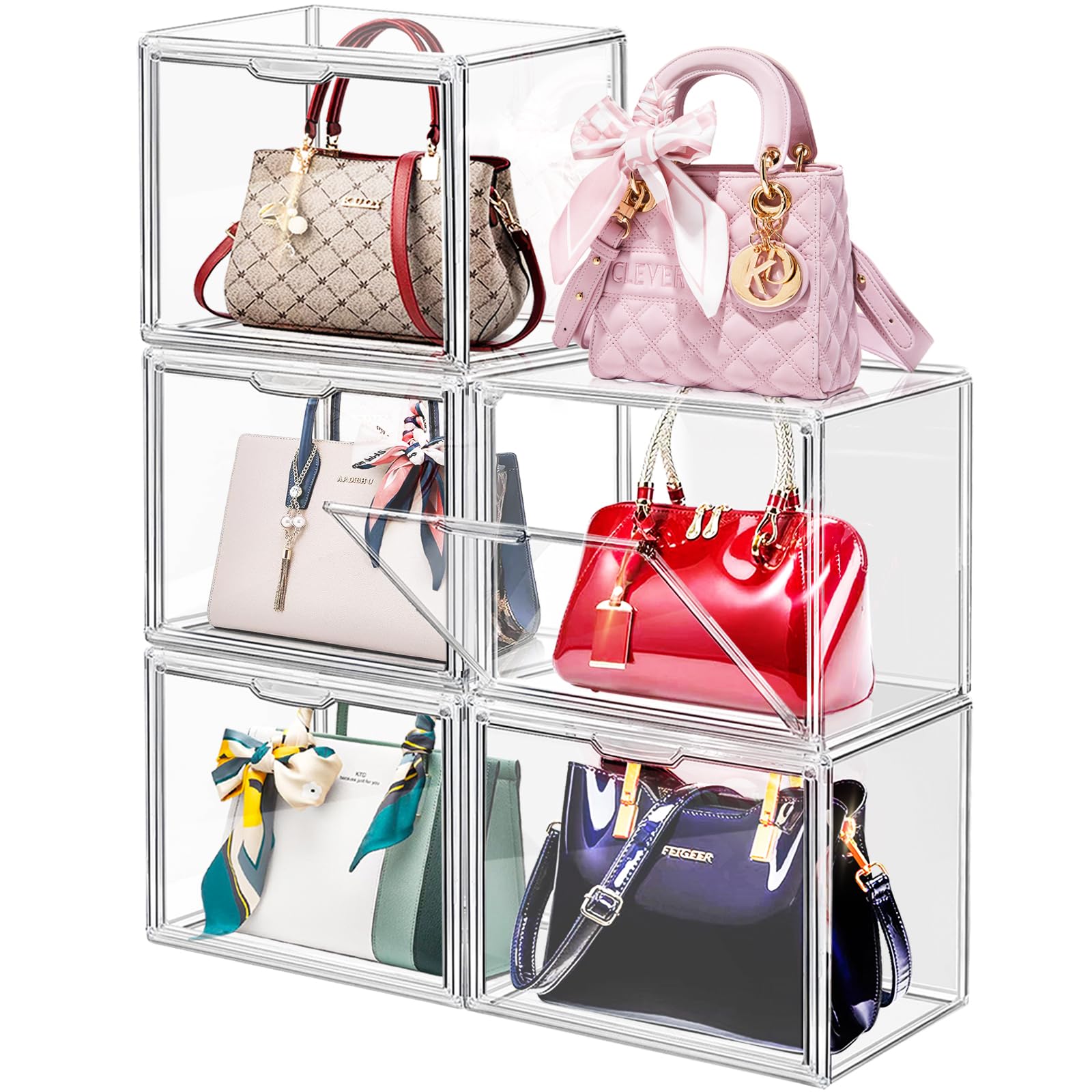 Paquete de 5 organizadores de almacenamiento de bolsas de plástico transparente para armario, vitrina acrílica para bolso y bolso, cajas de almacenamiento apilables con puerta magnética para