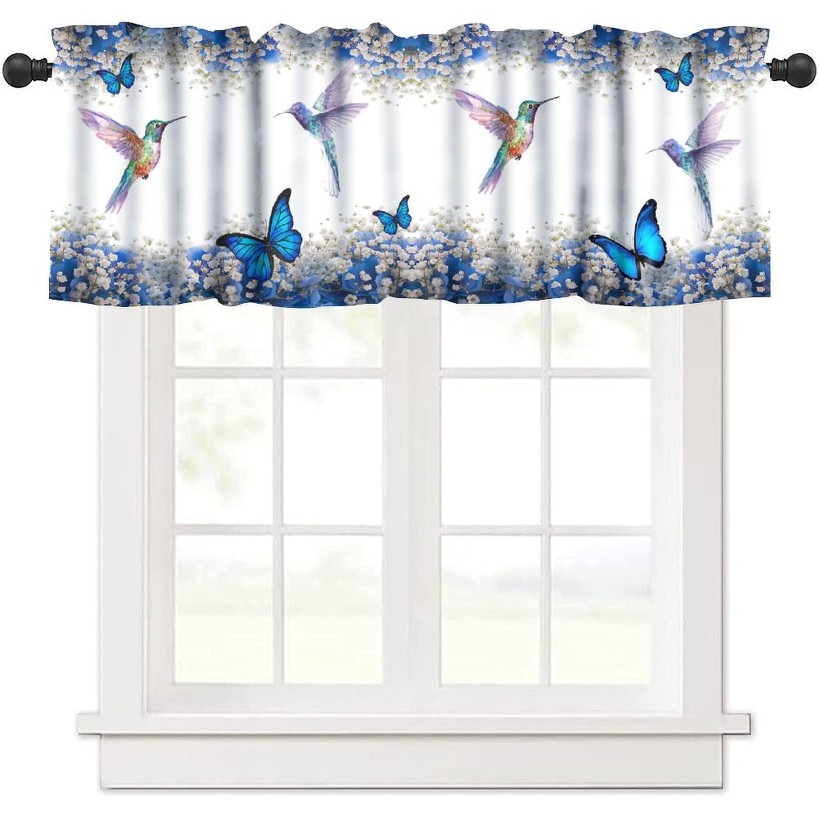 TFOSO Hummingbird Kitchen Valance Curtain,Spring Birds Flowers Butterflies Home Decor Short Drapes for Bedroom Living Room Cafe Rod Pocket Window