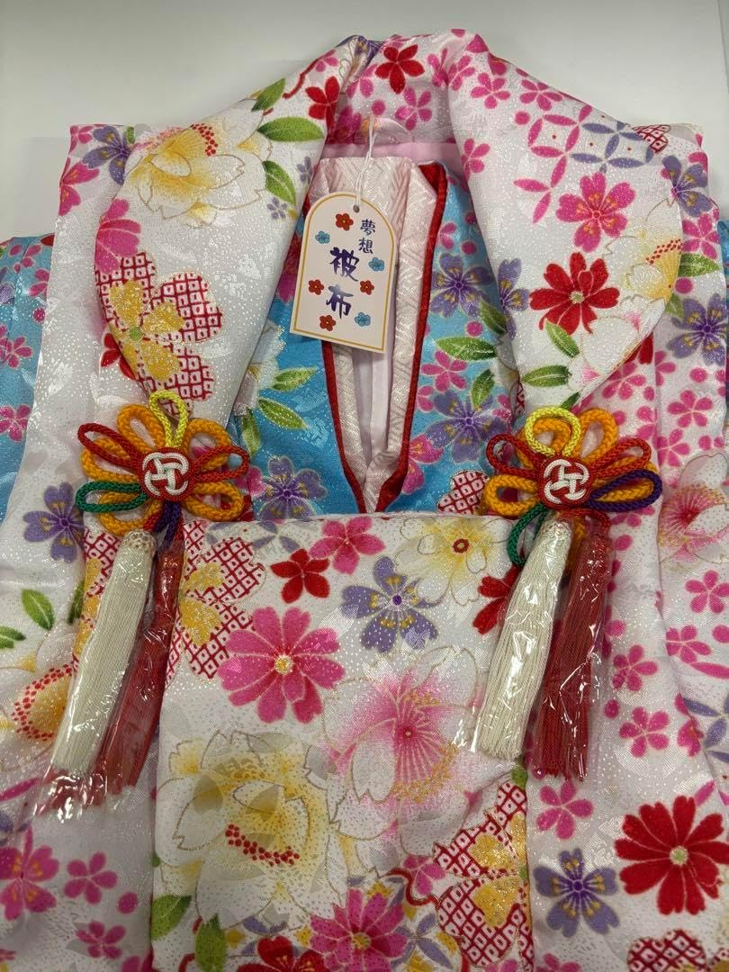 七五三 3歳女の子 着物・被布セット 爽やか水色着物 白い桜 雪輪 鹿子