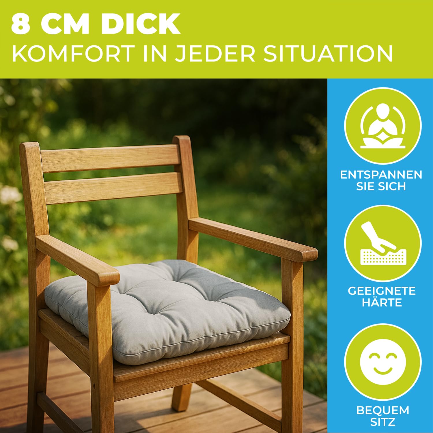 8X Sitzkissen Outdoor 40x40, 8cm dick, Wasser- & UV-beständig | Bändern, Bequeme Stuhlkissen, Stuhlauflage Sitzpolster, Sitzauflage Gartenstuhl, Extra dicke Sitzkissen Stuhl braun