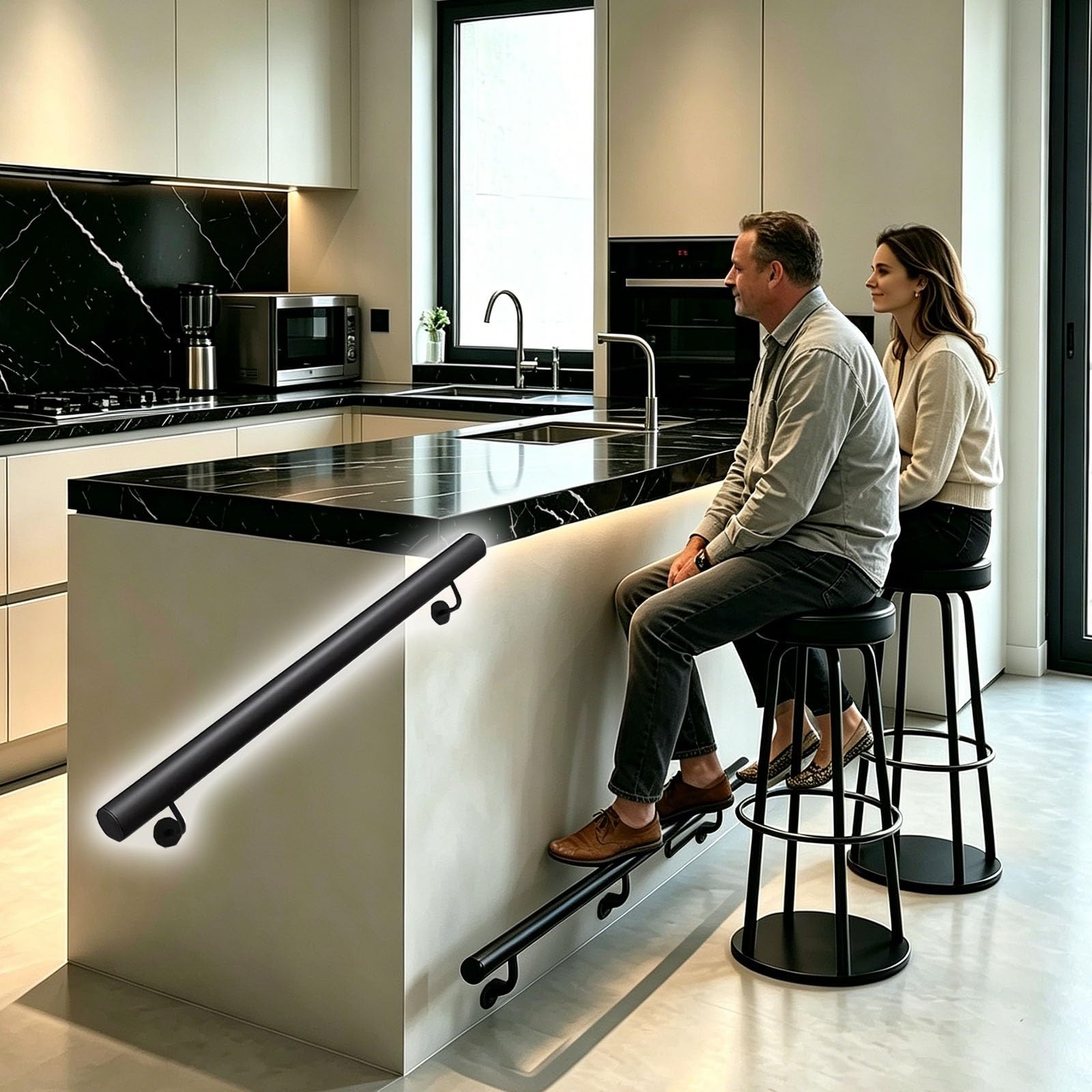HDYZJQ Home Kitchen Island Bar Footrail with Hardware, Heavy Duty Brushed Stainless Bar Foot Rest Rail Bracket, Indoor/Outdoor Bar Foot Rails Round Tube(Black,110cm/3.6ft)