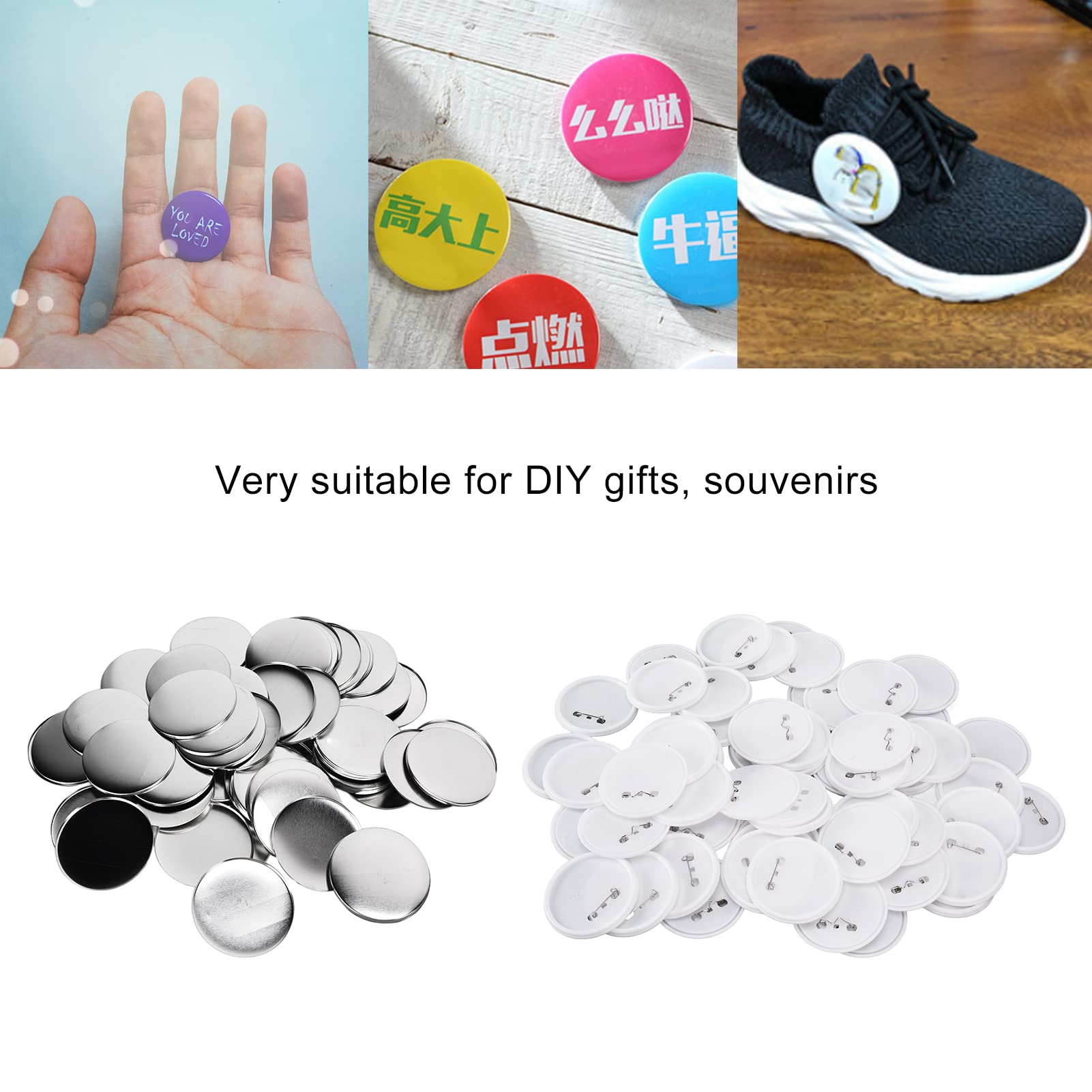Pissente Abzeichen-Rückseite, 100 Stück Weißblech-Kunststoffbasis, Vermeiden Sie Festes DIY-Abzeichen-Werkzeug mit Metallgehäuse, Polyesterfolie für Weihnachts- und (75 mm, 100 Sätze)