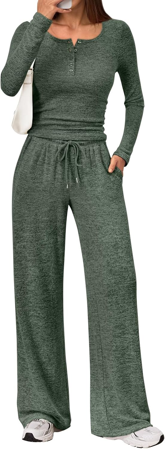Trendy Queen Women's 2 Piece Matching Lounge Sets Fall Fashion Outfits Henley Neck Sweater Top Wide Leg Pants Sweat Suits