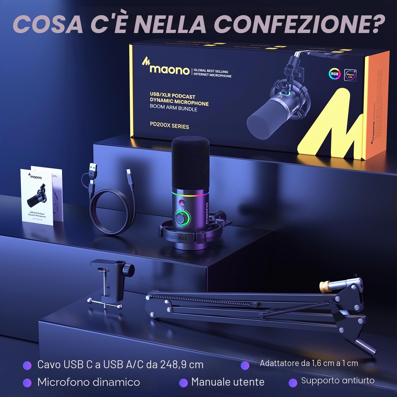 MAONO XLR/USB Microfono dinamico, microfono podcast con braccio, software, pulsante mute, controllo guadagno, per pc gaming, streaming, registrazione, PS4/5 Mac Mixer ecc. PD200XS Nero