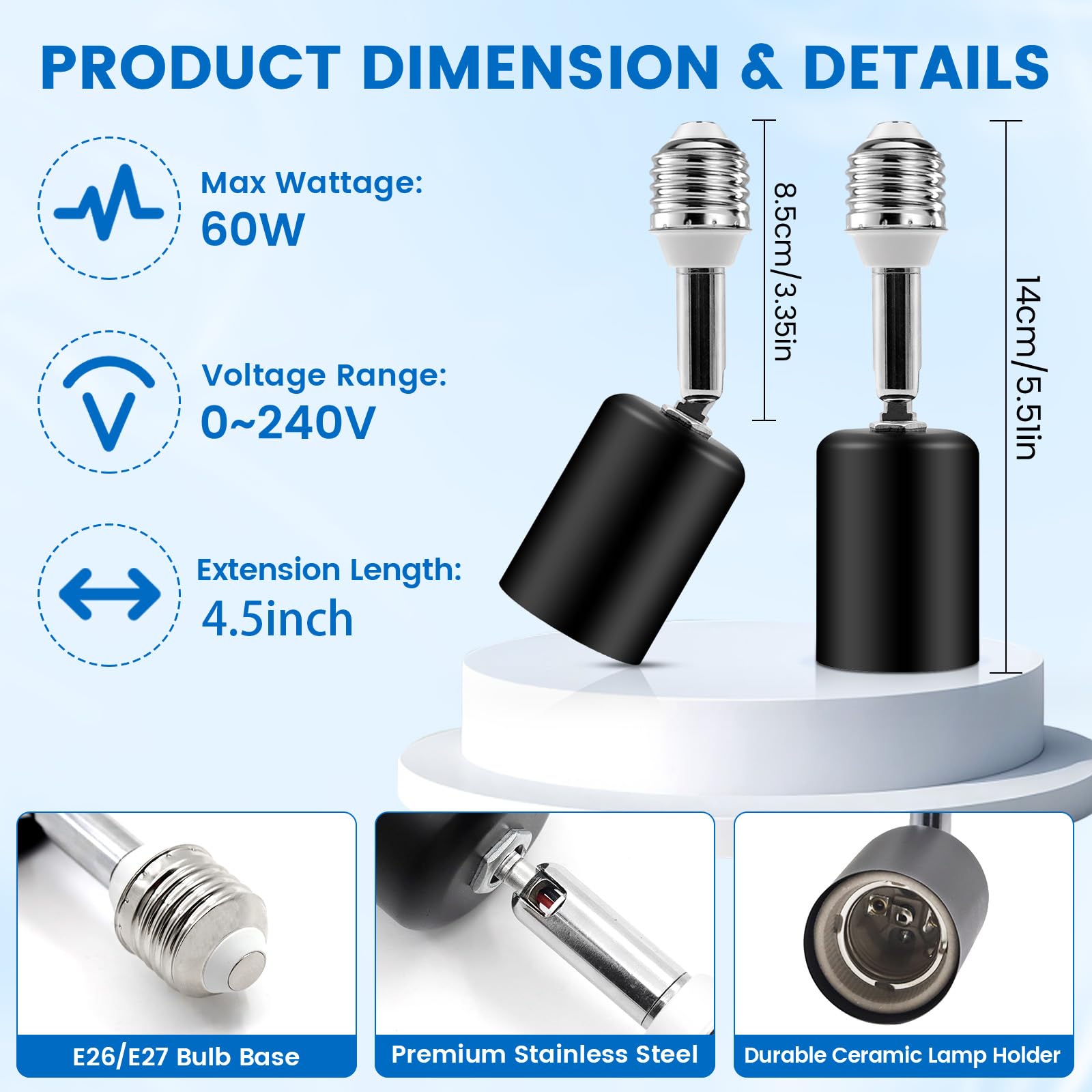 Ceramic Light Bulb Socket Extender, Heat-Resistant E26/E27 Light Socket Adapter with 4.5 Inch Extension for Camera Lamp - Image 2