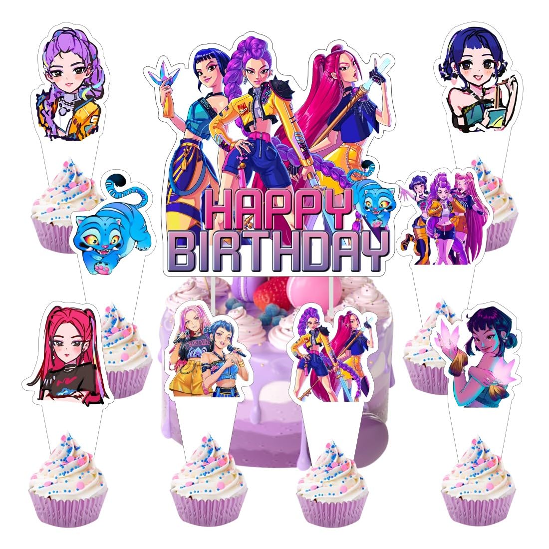 Photo 1 of 25pcs Demon Hunters Cake Decorations with 24pcs Cupcake Toppers, 1pcs Cake Topper for Demon Hunters Birthday Party Supplies Kids Birthday Decorations