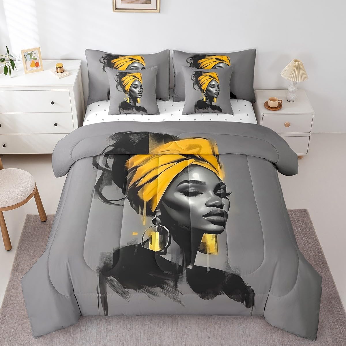jejeloiu Black Women Comforter Set with Sheets Queen Size African American Woman 7 Piece Bedding Set All Season Teens Yellow Abstract Bed in A Bag Breathable Soft Lightweight Modern Room Decor