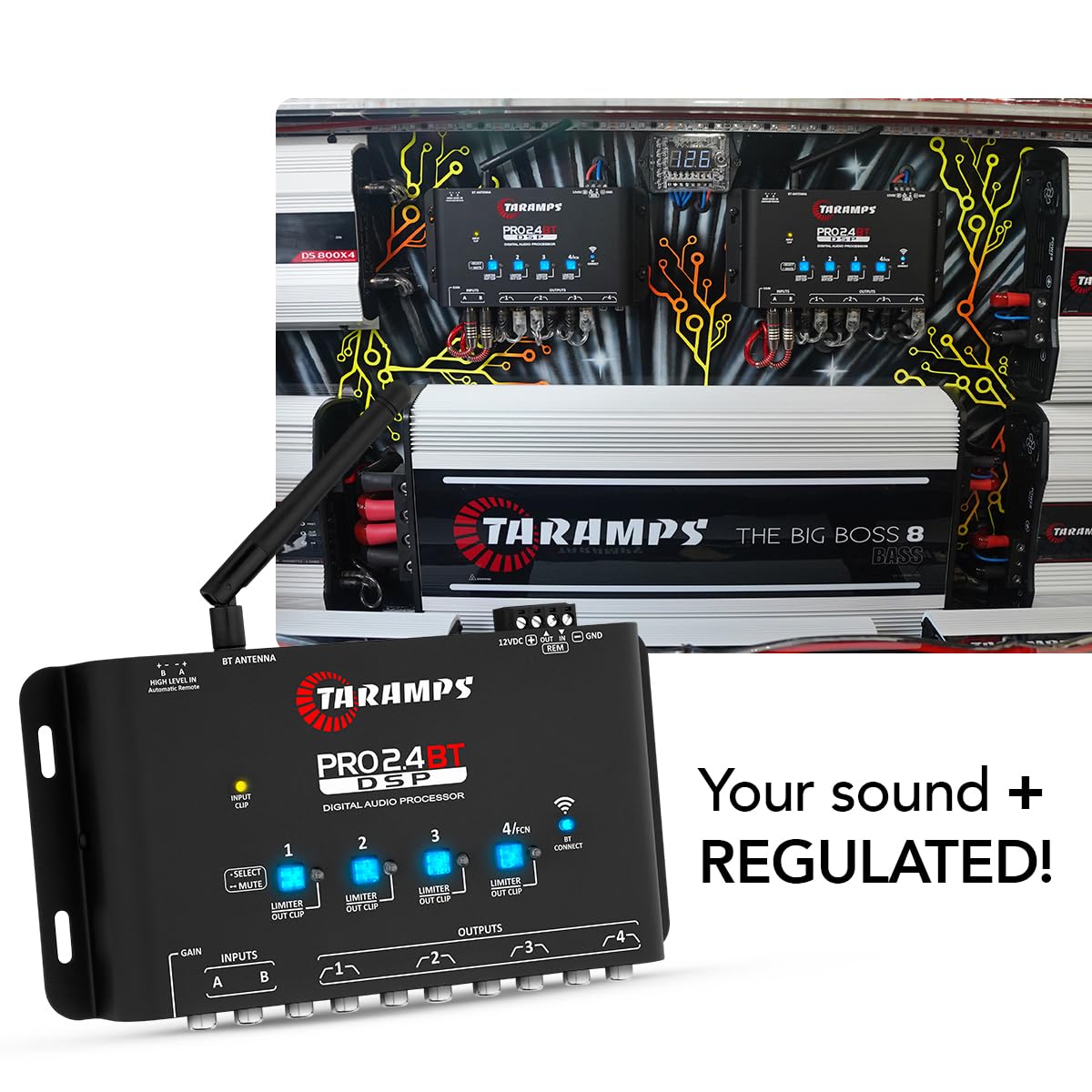 Taramps Pro 2.4 BT Bluetooth DSP Crossover Full, procesador de señal digital, ecualizador de audio para automóvil con aplicación, ganancia de hasta 9 V, ecualización gráfica de 15 bandas, 12