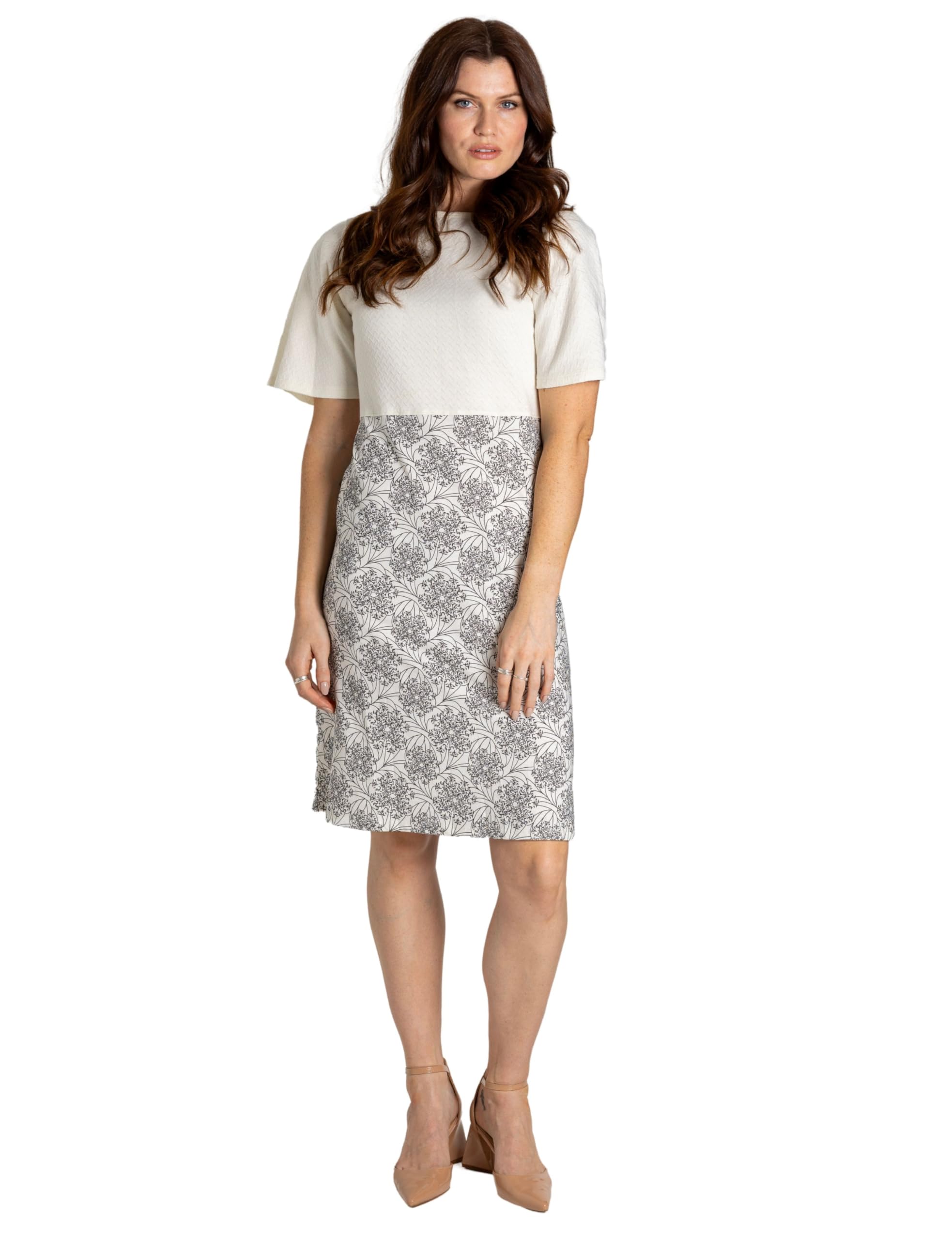 Enorsia Printed Skirt Jersey Dress - Midi Length - Round Neckline - Flare Sleeves - White - Size 14