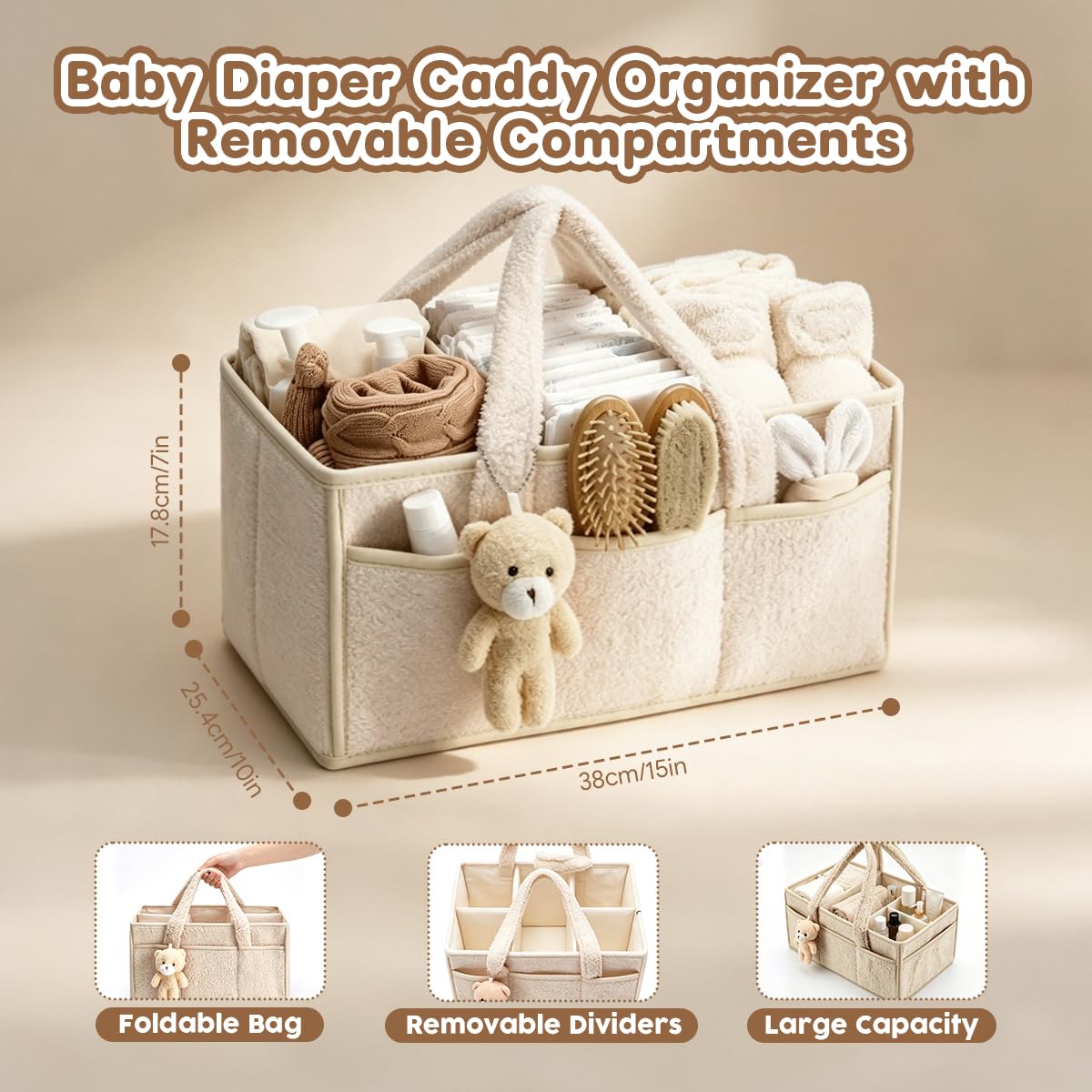 Organizer per Pannolini, Borsa Porta Pannolini Organizer con Scomparti Rimovibili, Portatile Cestino Portaoggetti per Pannolini, Sacchetto per Salviette, Neonati (Beige)