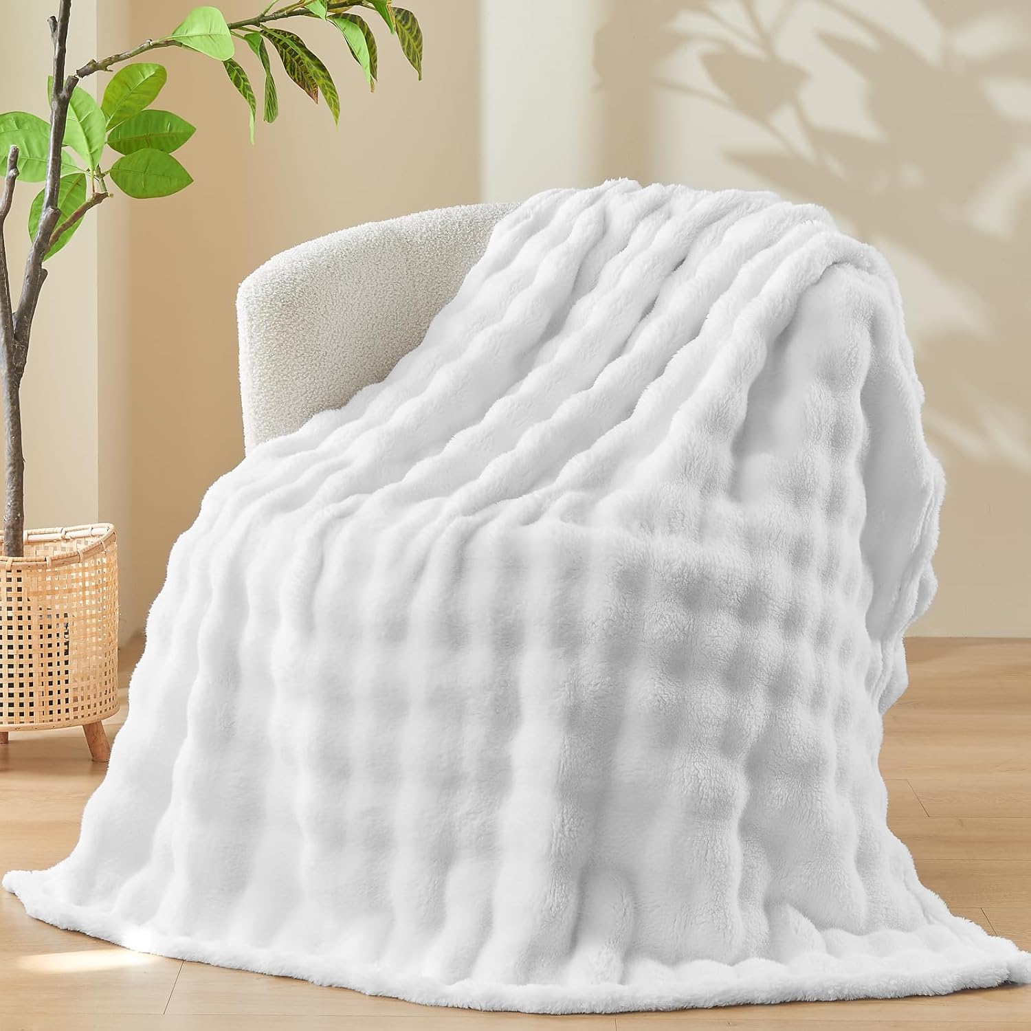 NEWCOSPLAY Throw Blanket for Couch White Super Soft Flannel Fleece 3D Bubble Lightweight Bed Blanket All Season Use (White, Throw(50"x60")) - Image 8