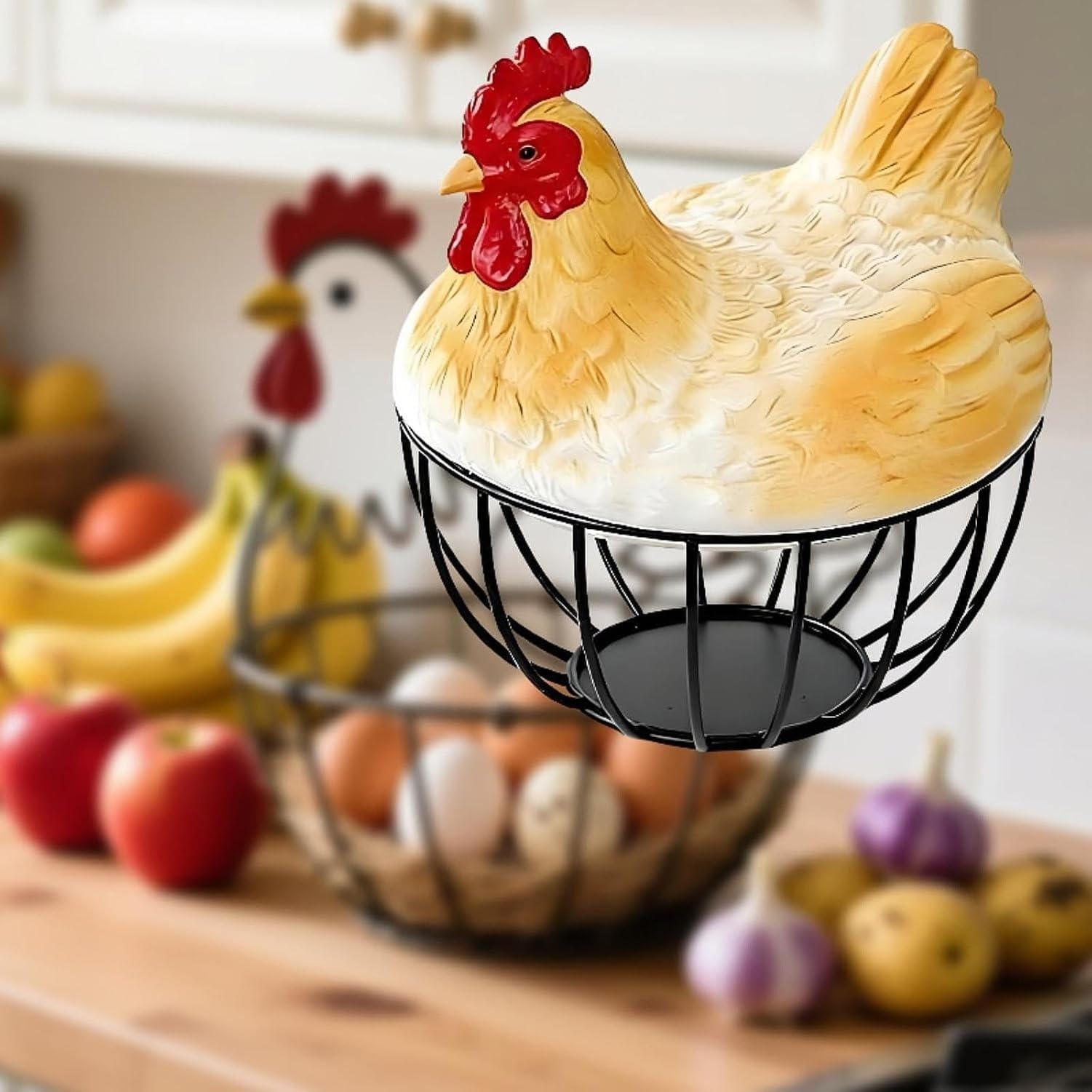 Cestino Porta Uova con Coperchio a Forma di Gallina, Decorativo per Raccolta Uova Fresche, in Filo Metallico per Piano Cucina, per Verdure e Dispensa