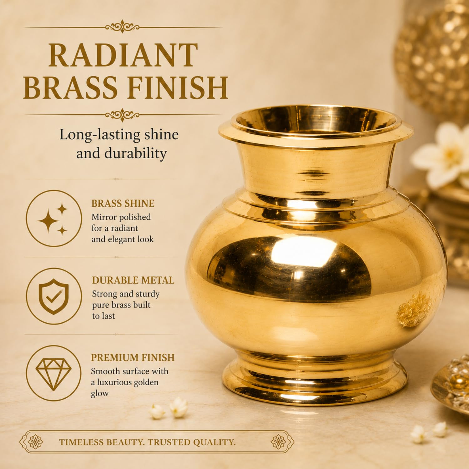 Bhimonee Decor | Pure Brass Matka Design Lota | Traditional Lutiya Kalash for Pooja & Rituals | 3.15-Inch Heavy Brass Water Pot | 250 gm Handcrafted Puja Vessel | 2