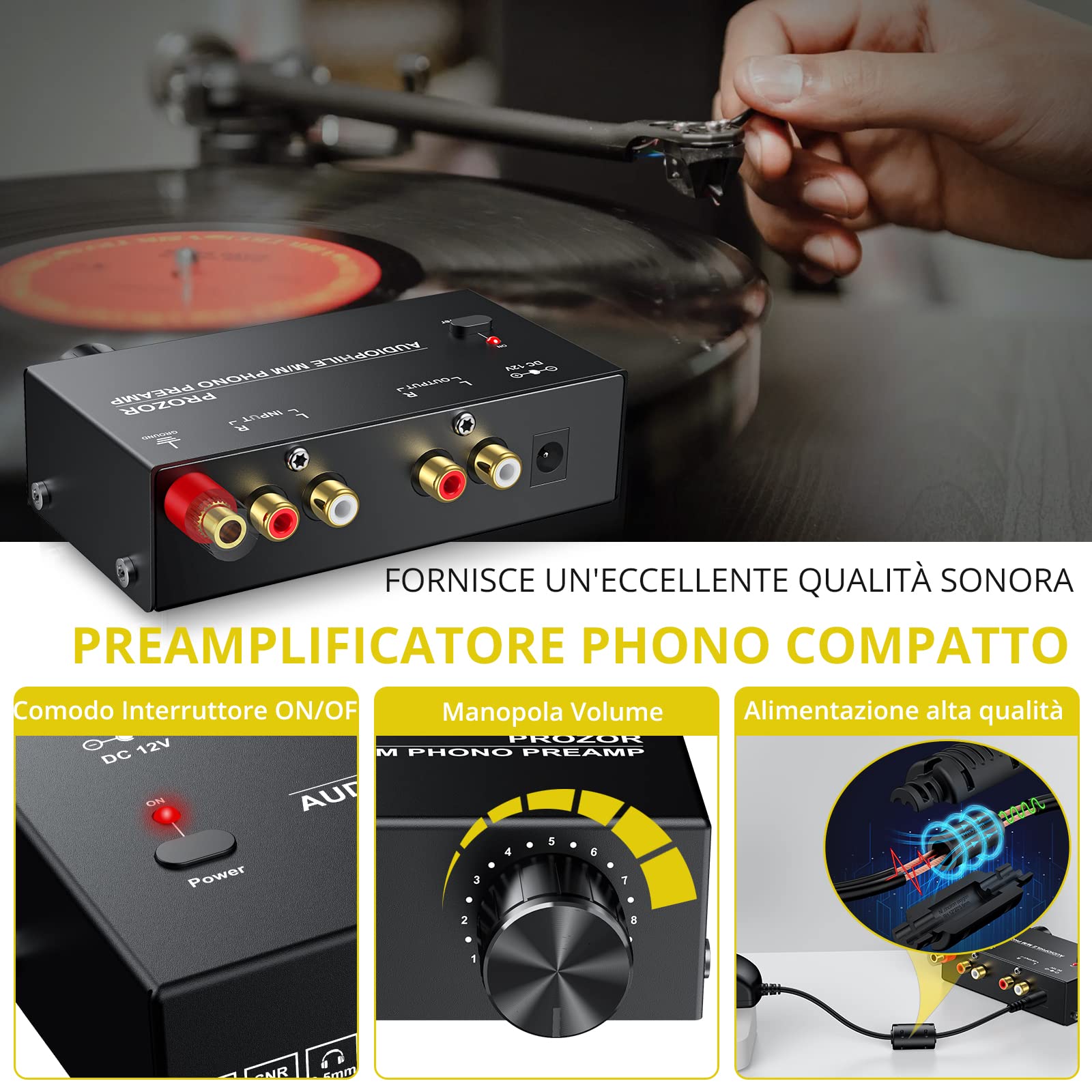 PROZOR Preamplificatore Phono Volume Regolabile Ingresso RCA Uscita RCA 1/4'' TRS PreAmp Audiophile Giradischi Nero