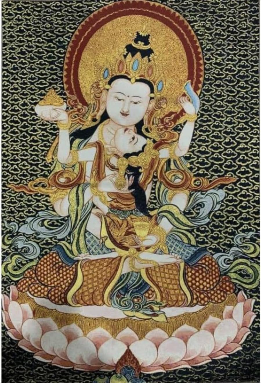 Thangka Silk Embroidery Tibetan Buddhism Yab-Yum Mandkesvara Happy Buddha Tangka Yoga Buddhist Tapestry Wall Hanging Wall Art Home Decor Tapestry Meditation