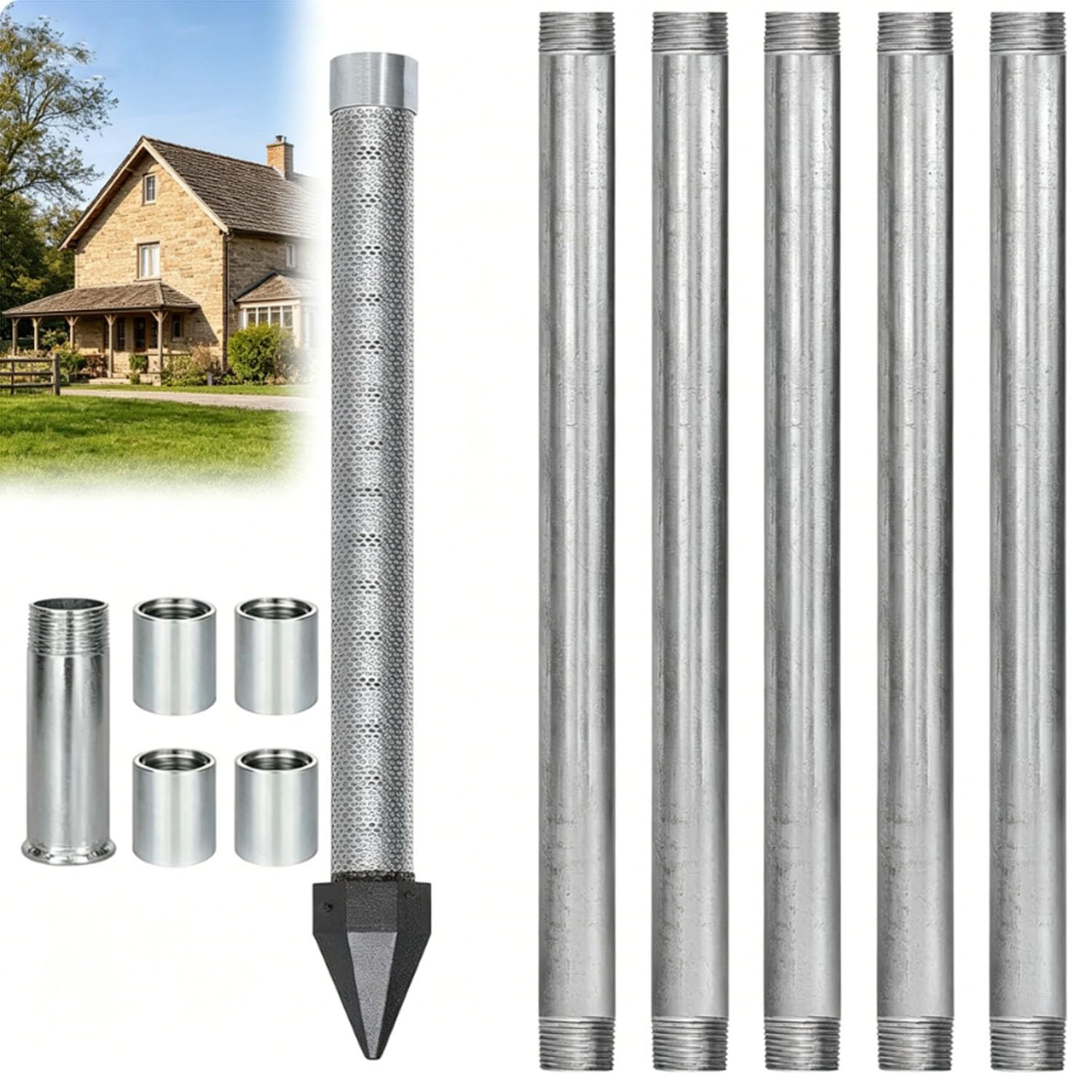 1-1/4 Sand Point Well Kit,36" Stainless Steel Drive Point with 60 Gauge Mesh Screen,Heavy Duty Galvanized Pipes & Couplings for DIY Shallow Well(5+1kit)