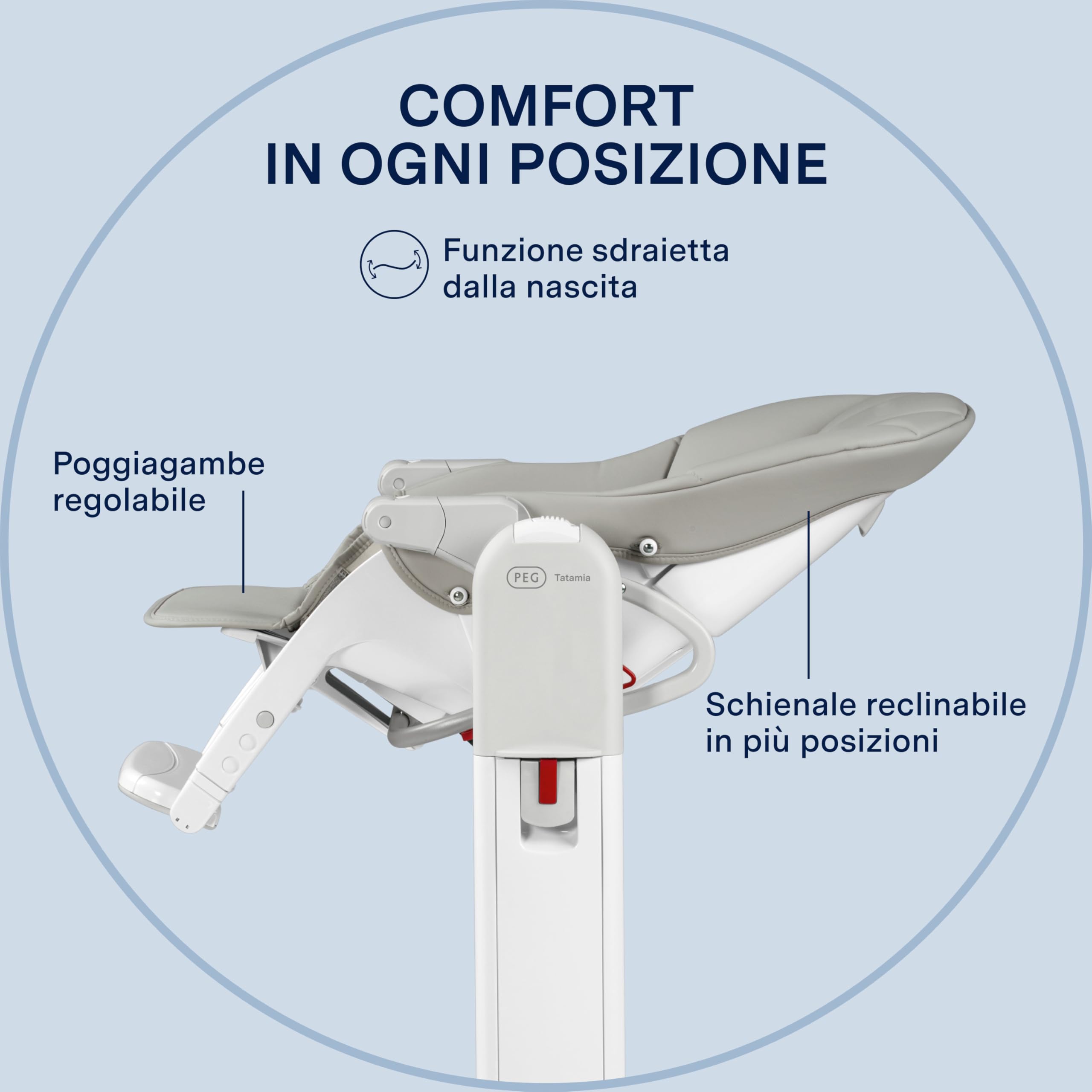 PEG Tatamia Follow Me Seggiolone Pappa 3 in 1 dalla Nascita: Seggiolone, Sdraietta e Dondolo, 9 Altezze, Doppio Vassoio, 6 Ruote, Pieghevole, 0–3 Anni (0–15 kg), Ice