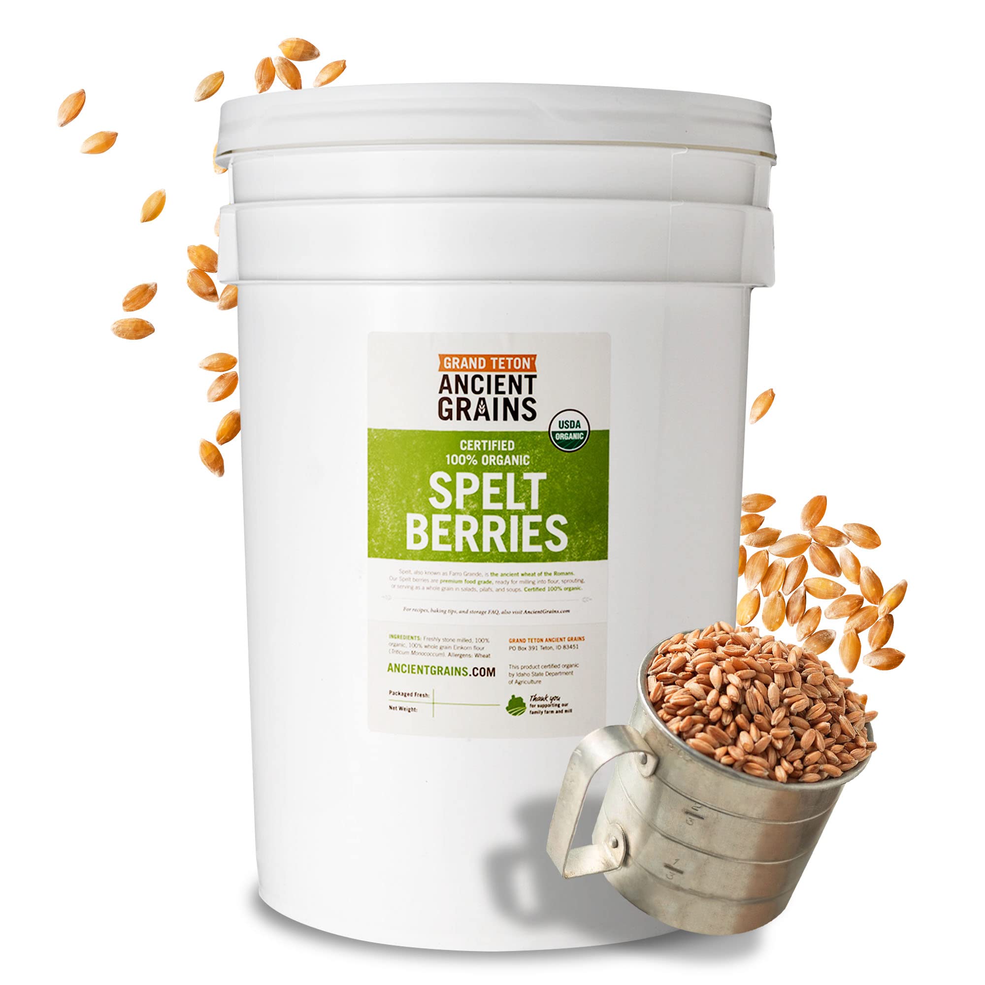 Grand Teton Ancient Grains - 100% Organic Spelt Berries, US-Grown Farro Organic Grain Spelt in 6 Gallon Super Pail for Long-Term Storage, 43 lbs