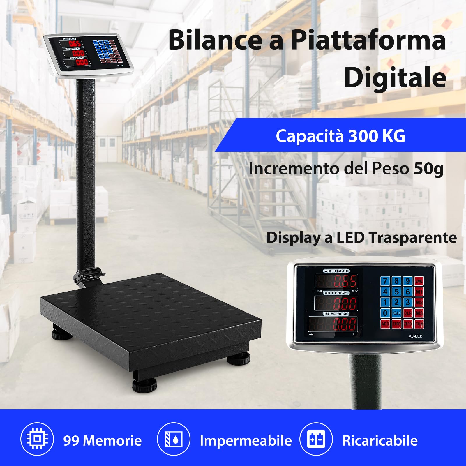 GYMAX Bilancia Digitale 300 kg, Elettronica con Calcolatore Prezzi, Conversione LB/KG, Precisione 50 g, Pieghevole