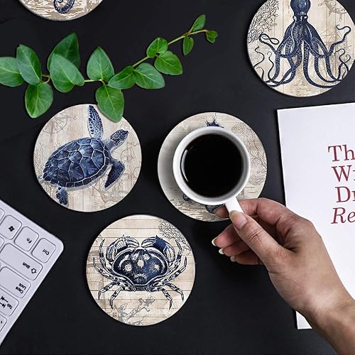 Miniatura 6 de Posavasos absorbentes de cerámica natural, piedra sedienta, azul marino, pulpo, caballito de mar, tortuga, temática oceánica, juego de posavasos