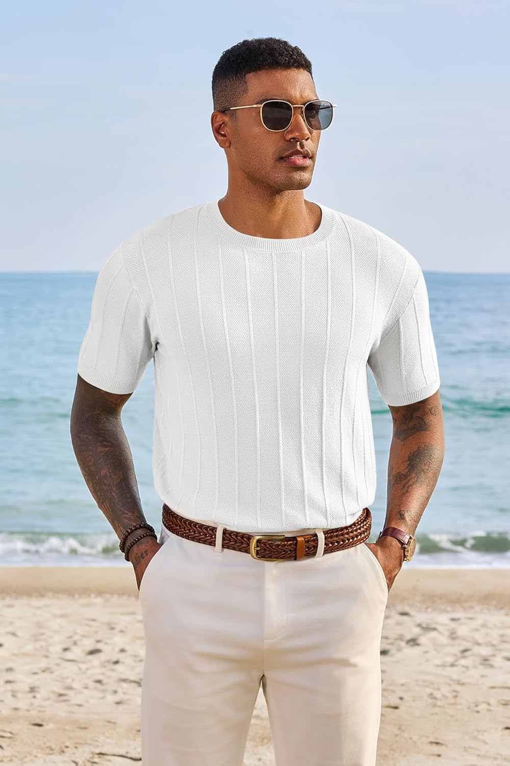 Runcati Mens Knit Short Sleeve T-Shirts Casual Crewneck Sweater Shirt Ribbed Textured Pullover Tees - Image 5