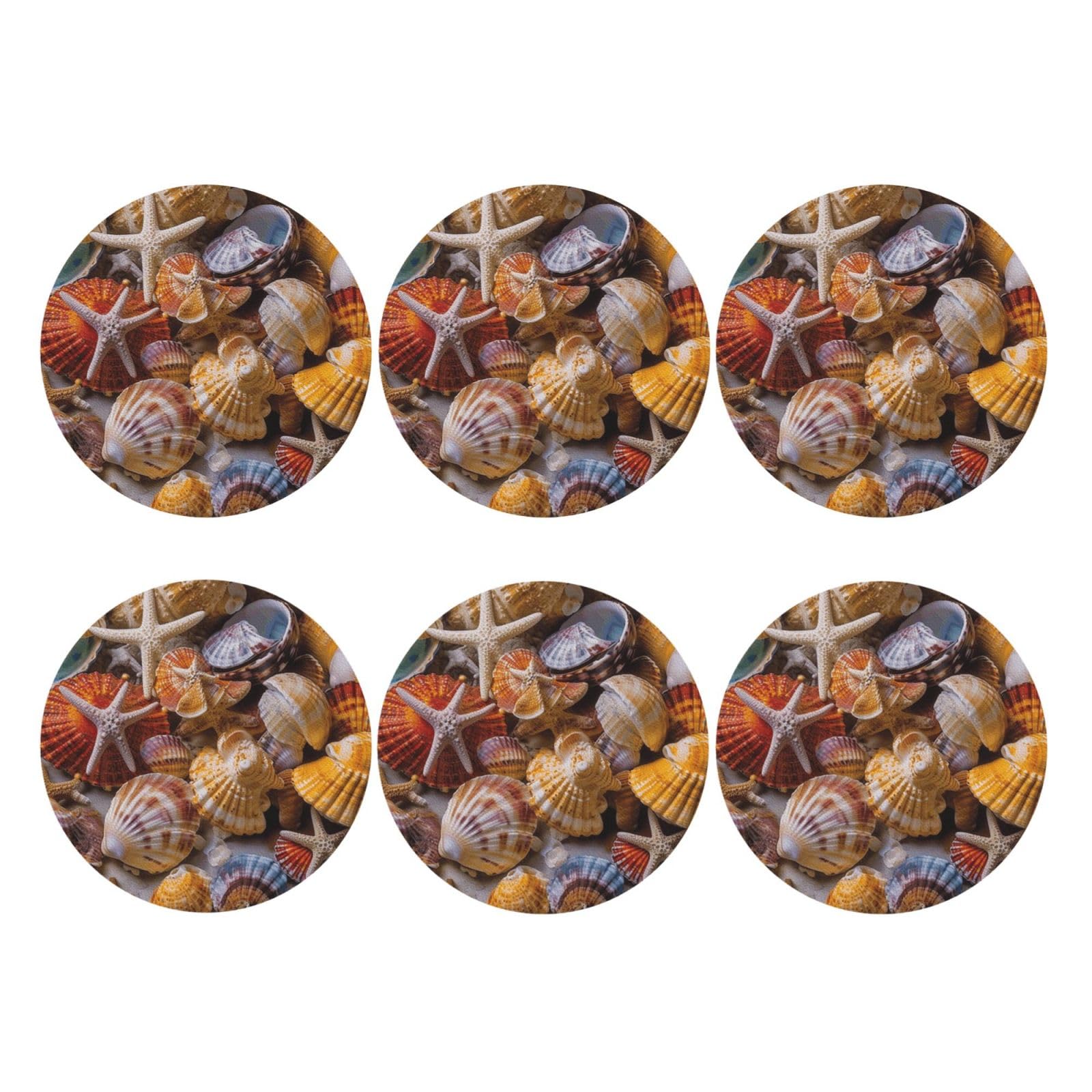 6pcs Leather Coasters for Drinks, Sea Shell Treasures Drink Coasters for Tabletop Protection, 4" Cup Coasters for Coffee Table Decor, Non-Slip Drinking Cup Mat for Hot Or Cold Drink