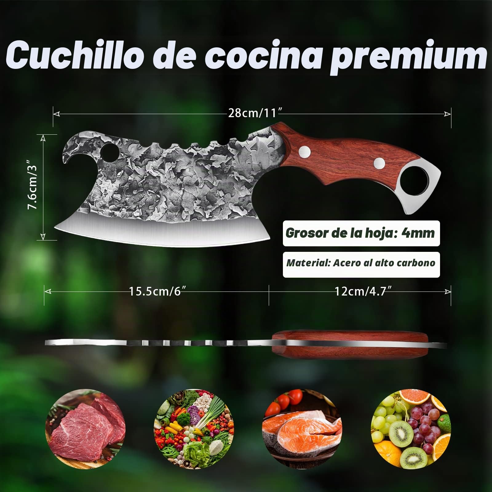 DRAGON RIOT Cuchillo Carne Chino Forjado a Mano con Funda de Cuero