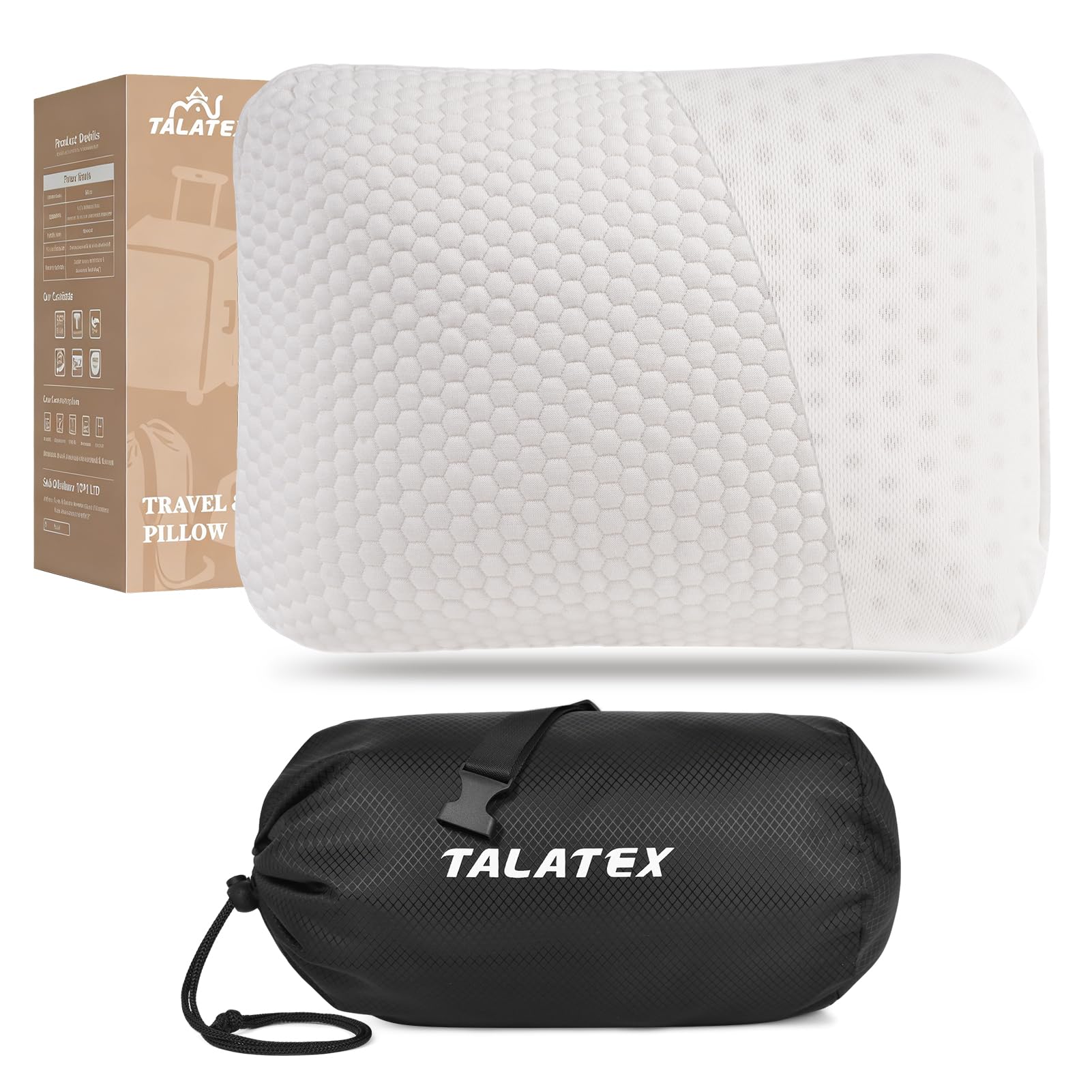 Talatex Coussin de voyage et de camping, petit coussin de camping avec sac de transport et housse lavable, pur latex talalay naturel, sans produits chimiques en mousse à mémoire de forme