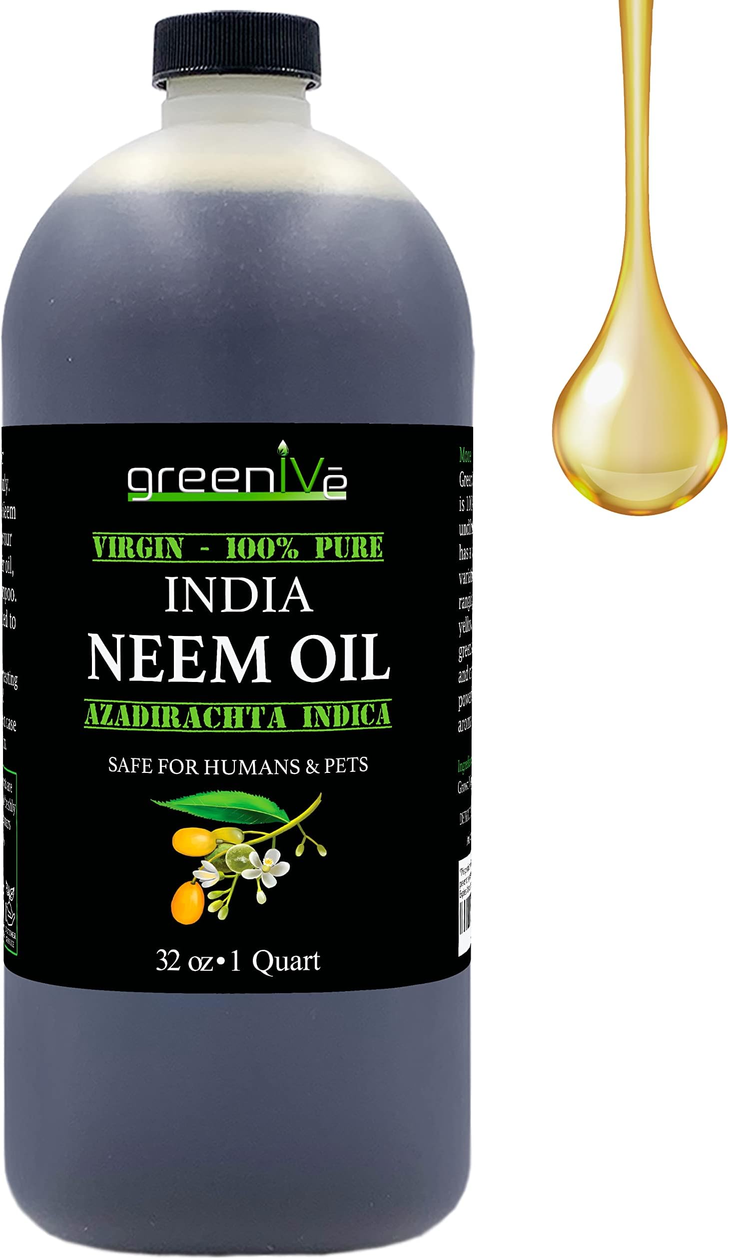 GreenIVe 100% Organically Grown Neem Oil, Cold-Pressed Virgin, Pure & Natural, 32 oz - Ideal for Gardening, Skin Care, Hair Care & Pet Care