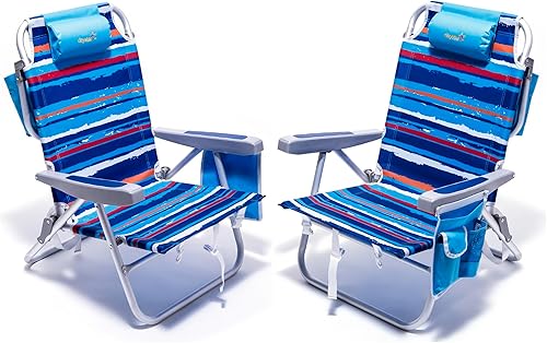 SUNNYFEEL Sillas de playa para adultos, paquete de 2 unidades de 5 posiciones, mochila plegable portátil resistente con bolsa enfriadora, portavasos