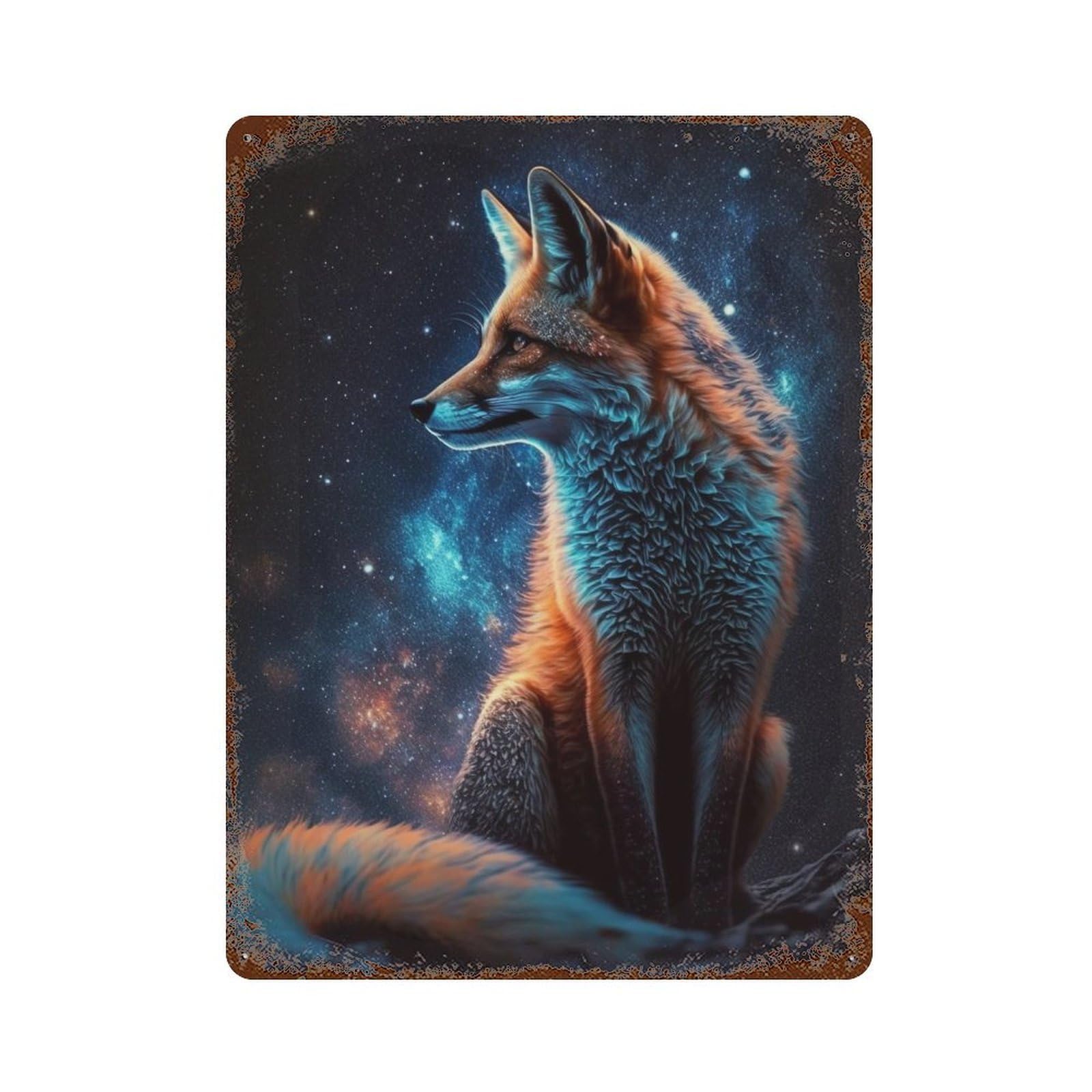 Glowing Fox in Space Weathered Tin Sign 15.7"x11.8", Decorative Metal Wall Art for Garage, Bar And Workshop Decor