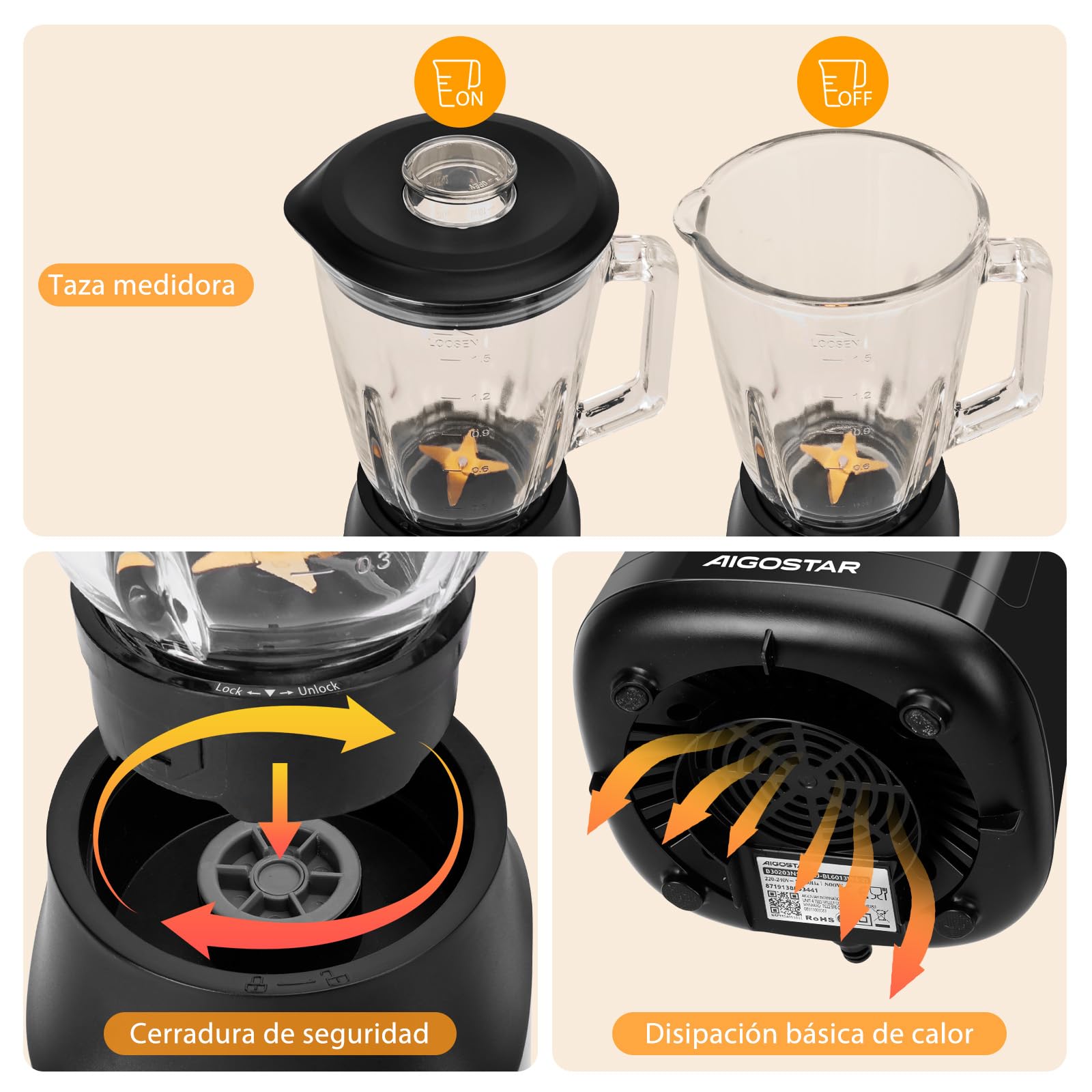 Aigostar Swift - Batidora de Vaso, Capacidad 1.5L, 800W, Tritura Hielo, Licuadora con 4 Cuchillas con Recubrimiento de Titanio, 2 Velocidades + Turbo y Función AutoClean. Libre de BPA