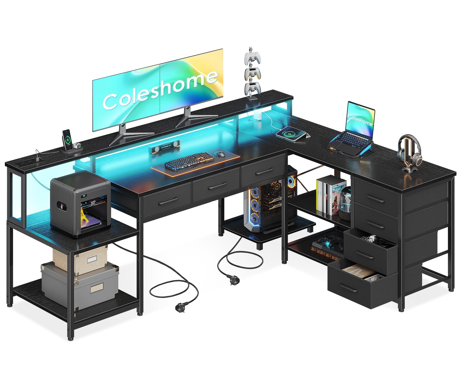 Coleshome Mesa de Juegos con Luces LED RGB, Escritorio de Esquina con 7 Cajones y Amplio Espacio de Almacenamiento, Escritorio en Forma de L Reversible con 2 Tomas, Negro, 179.5×135.5cm