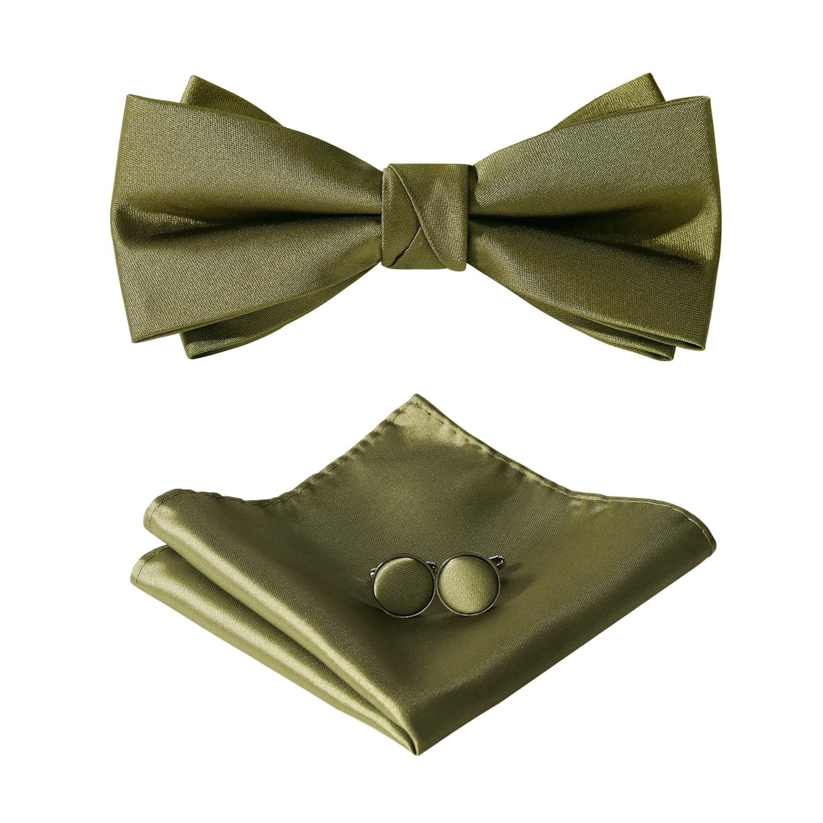HOULIFE Juego de pajarita para hombre – Pajarita ajustable de satén poliéster preatada pajarita de un solo color, juego de gemelos para novios boda formal con caja de regalo, verde oliva, 12x6cm