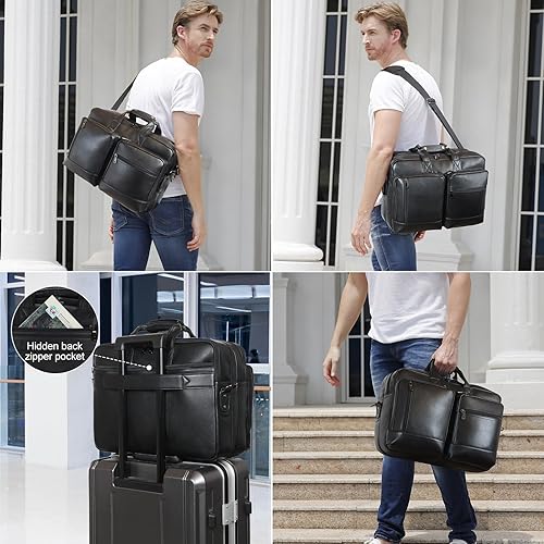 Miniatura 10 de Maletín de cuero para hombre, expandible vintage de 17 pulgadas, bolsa cruzada para laptop, bolsa de hombro para viajes de negocios, bolsa de viaje,