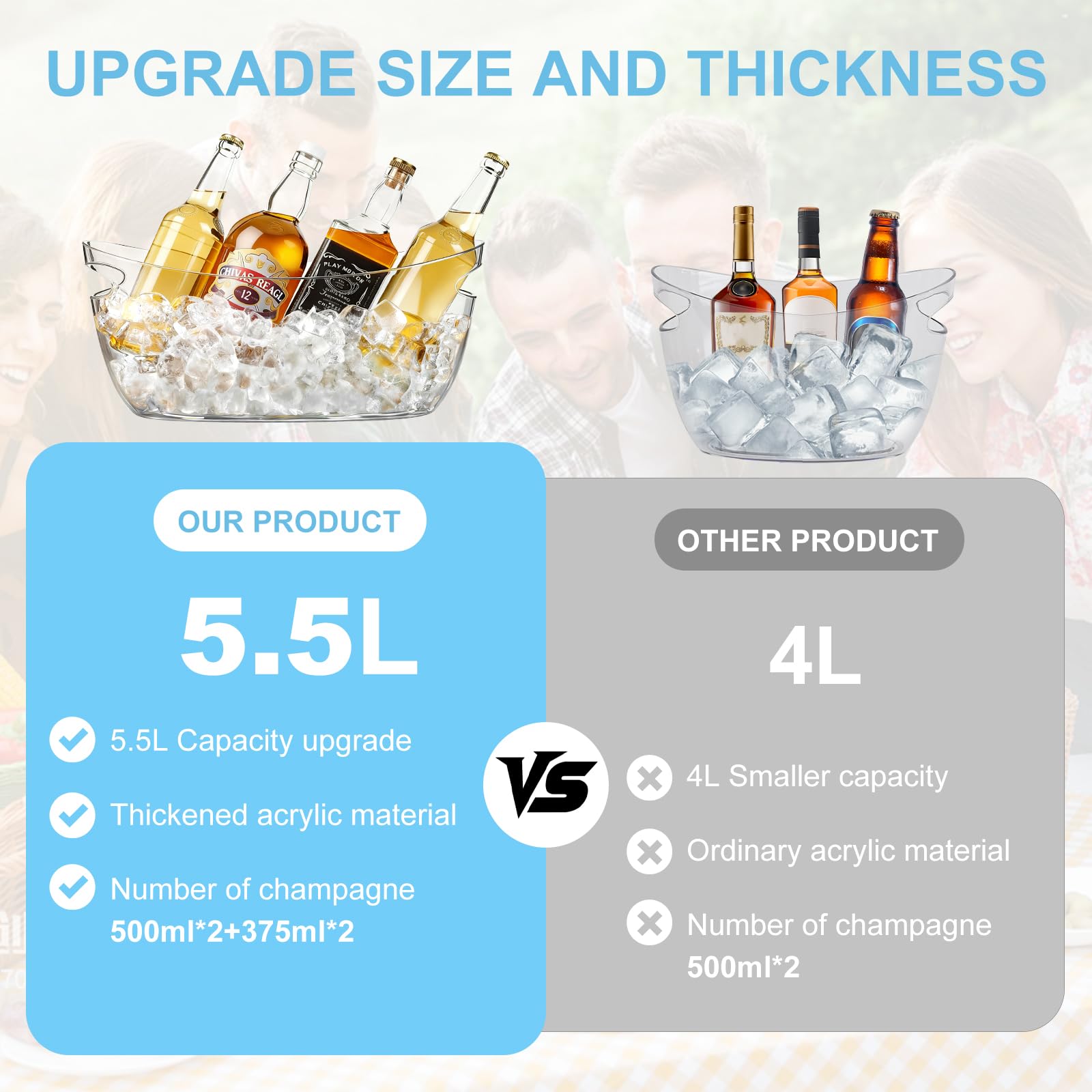 Confezione da 4 secchielli per ghiaccio per feste, vasche extra large da 5,5 l trasparenti con palette, perfette per champagne, birra, spumante e cocktail, forniture per bar Mimosa