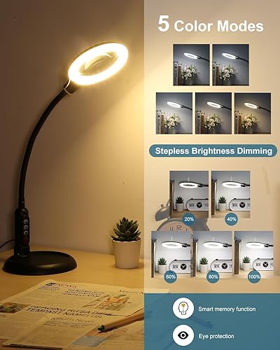 Miniatura 3 de Lupa 10X con luz y soporte, LED 5 modos de color, brillo continuo atenuación iluminada, lupa manos libres con cuello de ganso flexible, lámpara de