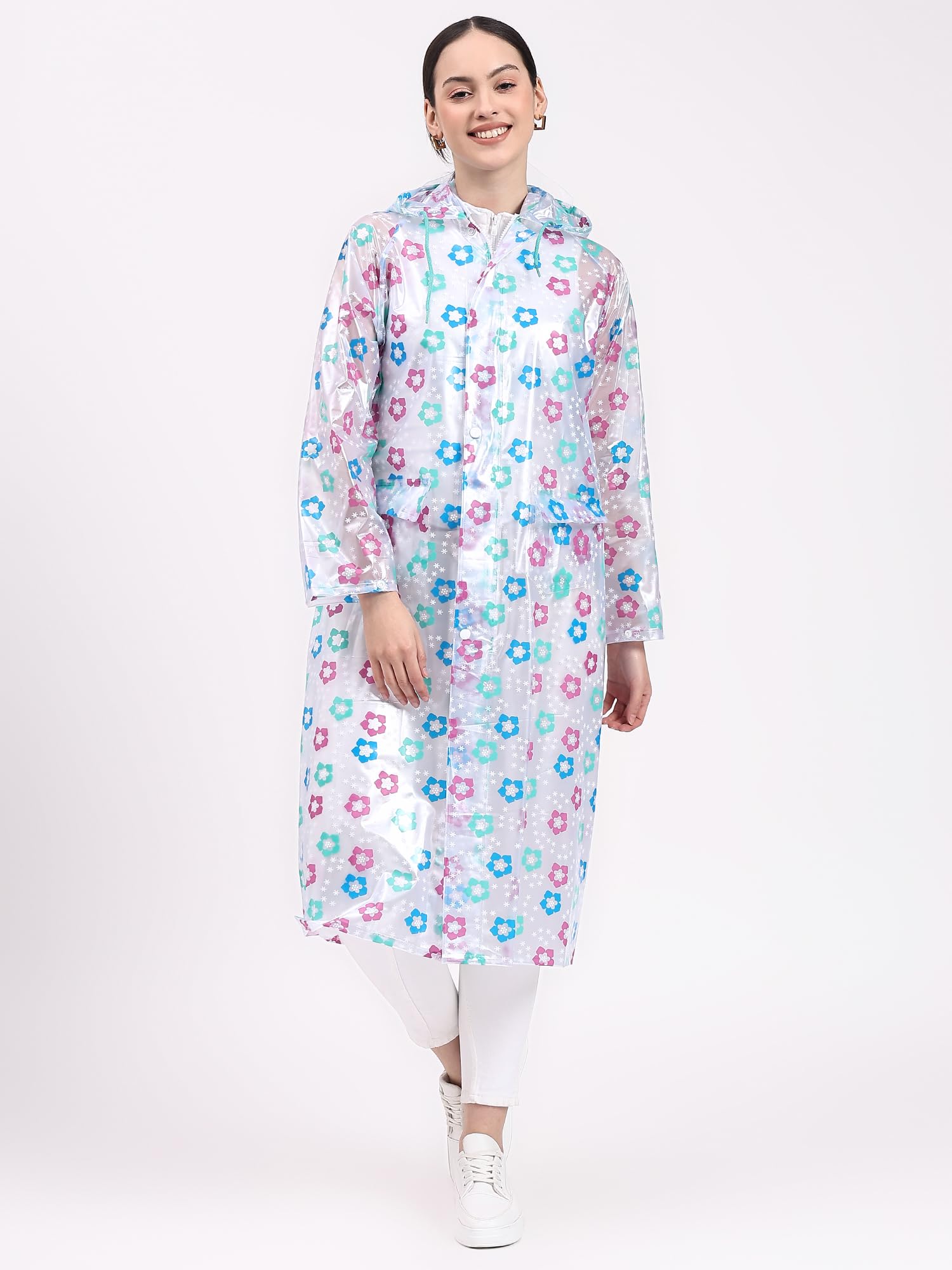 RAINBOW Saffron Print Water proof Women's Raincoats |Hooded Full Sleeves Outdoor Durable PVC Rainwear for Camping, Hiking, Travelling | Adjustable Drawstring | Blue & Green, Size - M