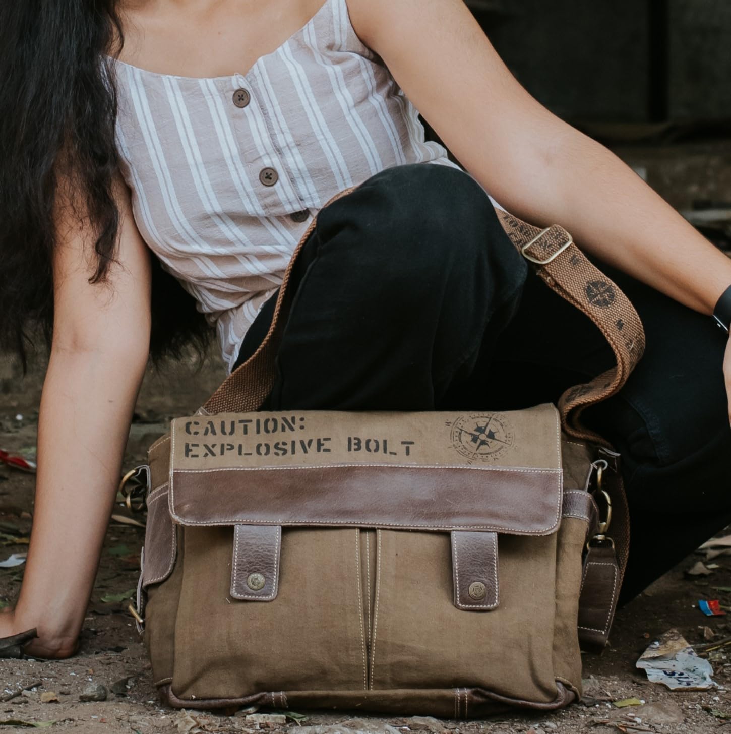 3B-Upcycled Vintage Military Leather Canvas Shoulder Bag Laptop Messenger Bags Medium Crossbody Purse, Boho Bag with 2 Straps