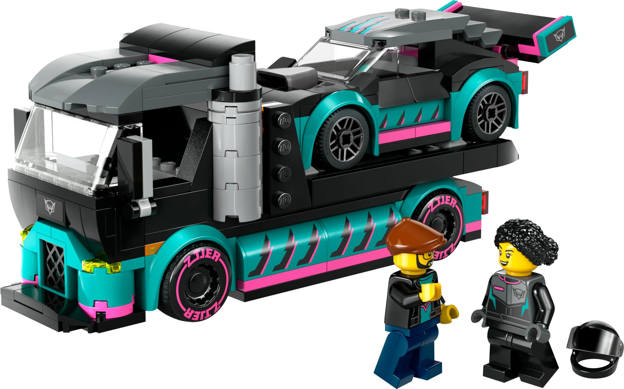 LEGO City Coche de Carreras y Camión de Transporte de Juguete, Juego de Construcción con Vehículo de Competición, Minifiguras de Piloto y Camionero, Regalo para Niños y Niñas de 6 Años o Más 60406