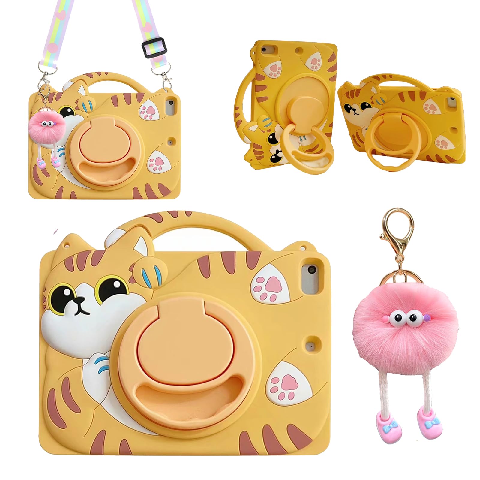 3D Cute Vivid Cat Case for iPad Pro 11 inch/Air 5th 2022/Air 4th 2020 10.9 inch,Kawaii Cartoon Character Pretty Cat Soft Silicone Rotating Stand Case