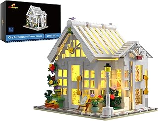 JMBricklayer Flower House Building Kit, Creative Warm Lighting Greenhouse Model Kit Friends House Building Block Toy, Flower Shop with Plants Flowers, Gift Toy for Girls Women Teens Adult(1593 Pieces)
