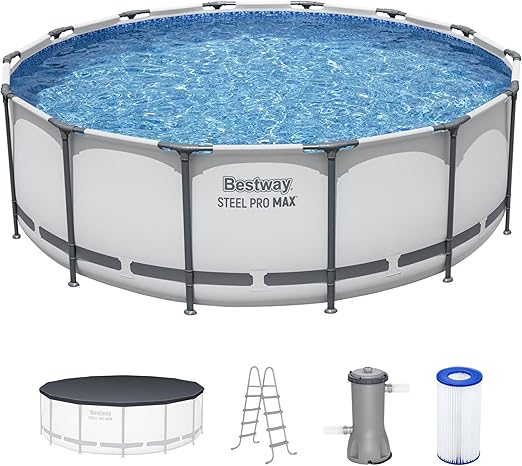 Bestway Steel Pro MAX 14 Foot x 48 Inch Round Metal Frame Above Ground Outdoor Swimming Pool Set with 1,000 Filter Pump, Ladder, and Cover, Gray