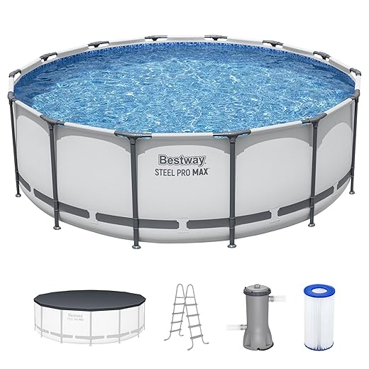 Bestway Steel Pro MAX 14 Foot x 48 Inch Round Metal Frame Above Ground Outdoor Swimming Pool Set with 1,000 Filter Pump, Ladder, and Cover, Gray