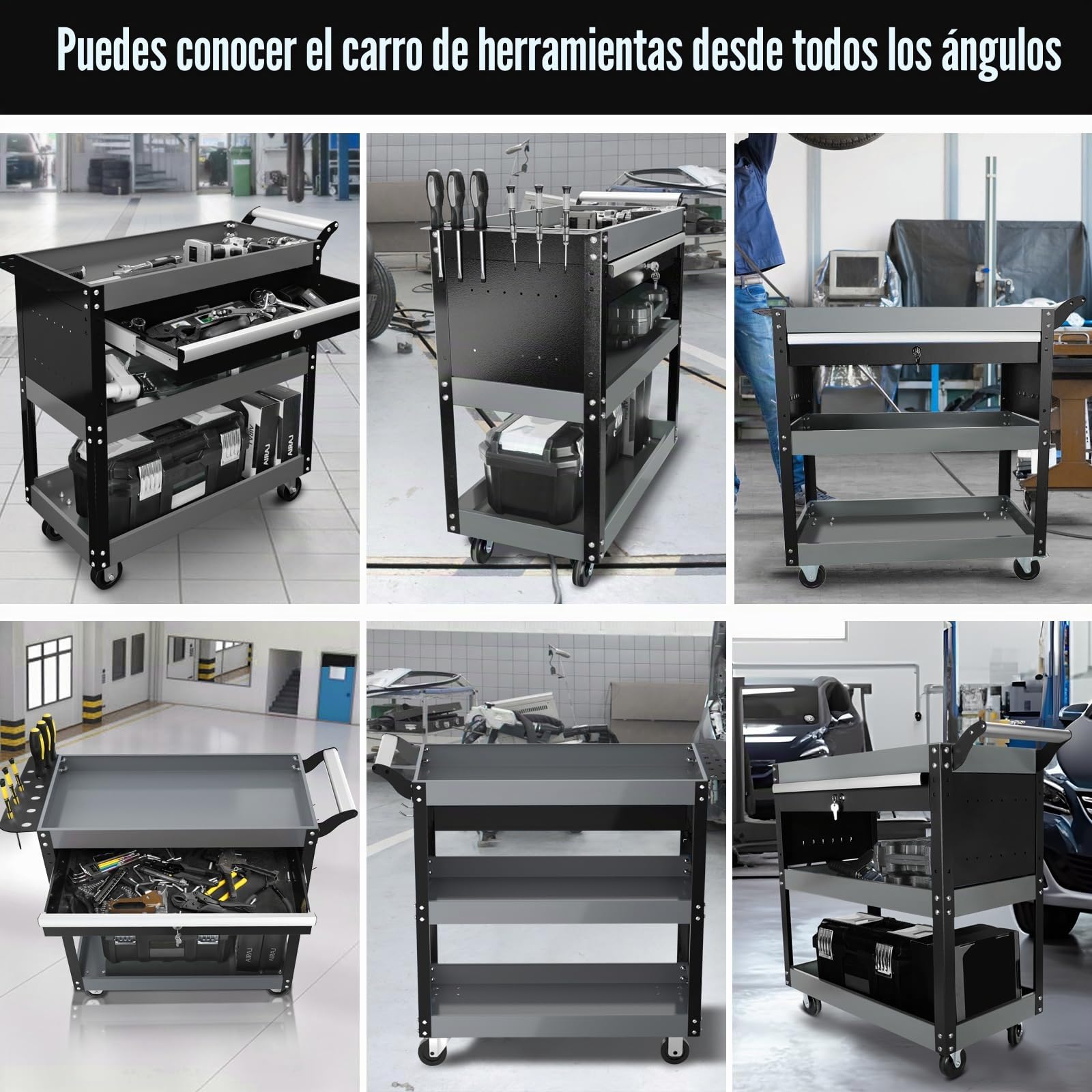 AIRAJ Carro de tres pisos | Taller con cajones | Carro multifuncional para talleres, talleres de reparación y almacén | Carro de taller | Negro