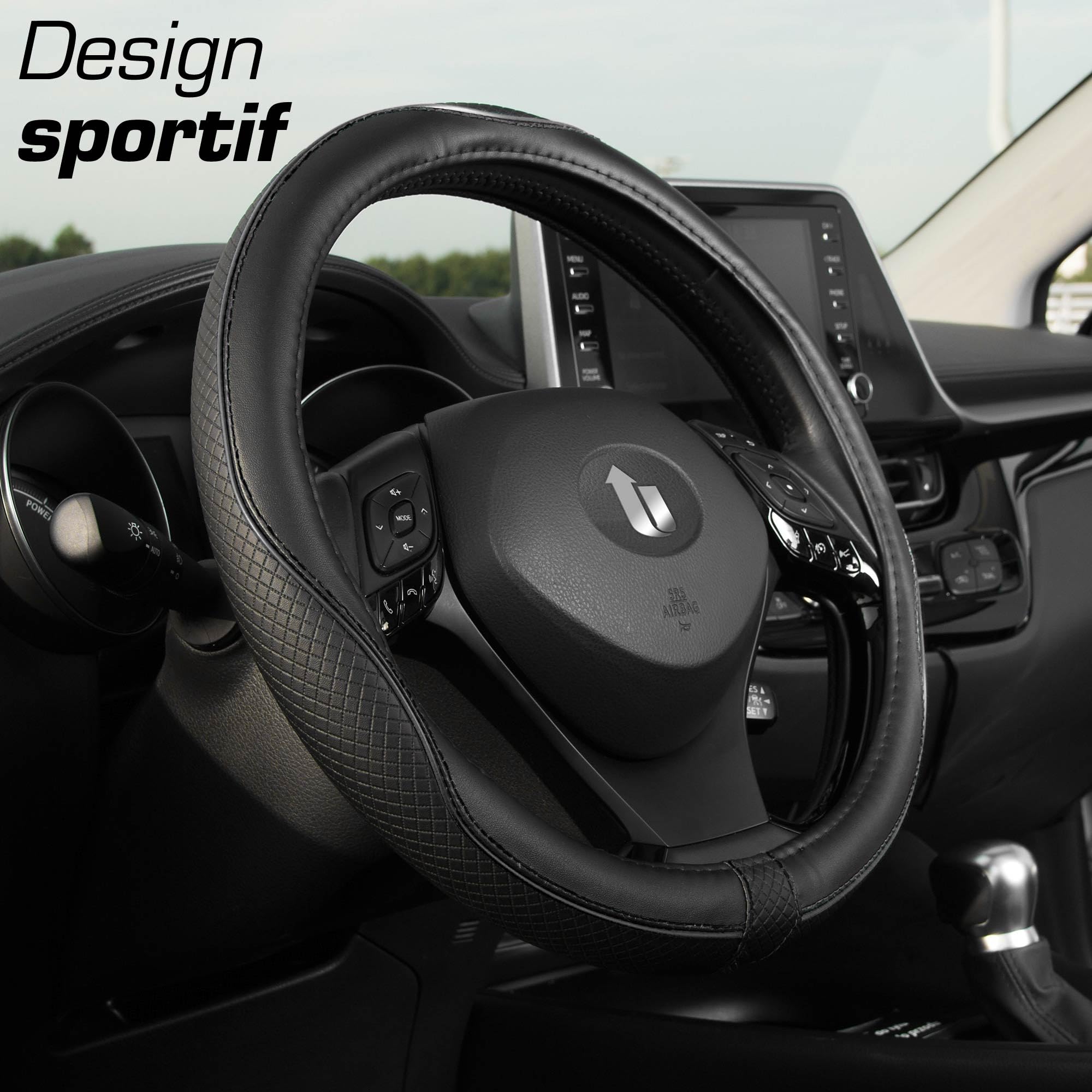 Upgrade4cars Couvre Volant Voiture Noir Simili Cuir | Housse de Protection Taille Universel 37-38 cm | Accessoires Auto Decoration Interieur Protege