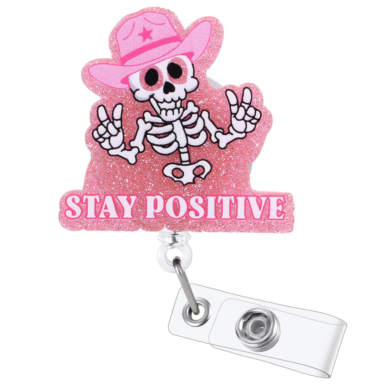 Stay Positive Skull Funny Badge Reel | Retractable ID Card Badge Holder | Office Work Badge Clip for RN LPN CNA MA ER Night Shift Nurse Nursing Student Doctor | Nurse Gifts | Acrylic|Alligator Clip — image 1