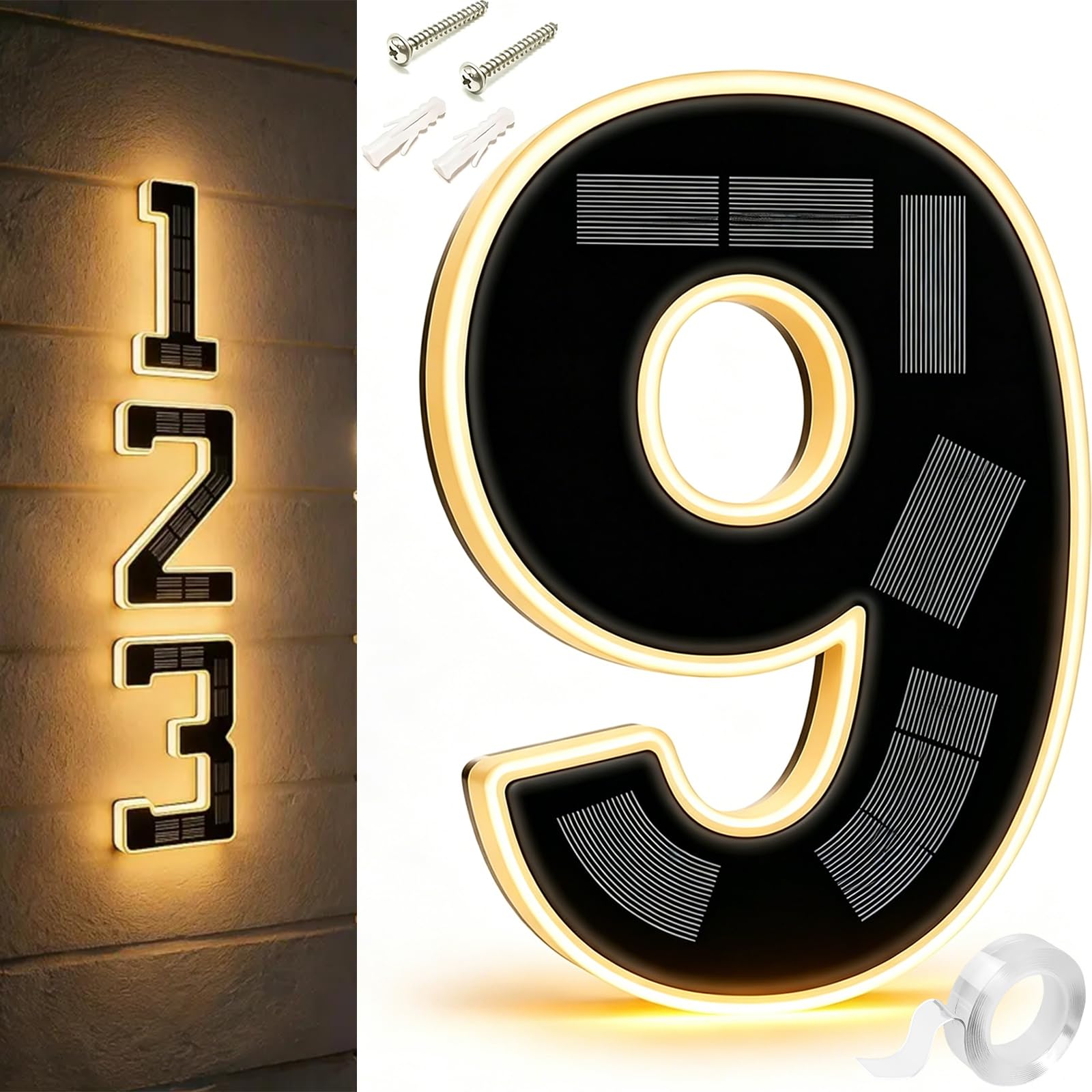 9 Inch Solar Lighted House Numbers For Outside, Light Up House Numbers Solars, Illuminated Houses Number, 0-9 Solar-Powered Houses Number, Illuminate Your Home (9,9 in)