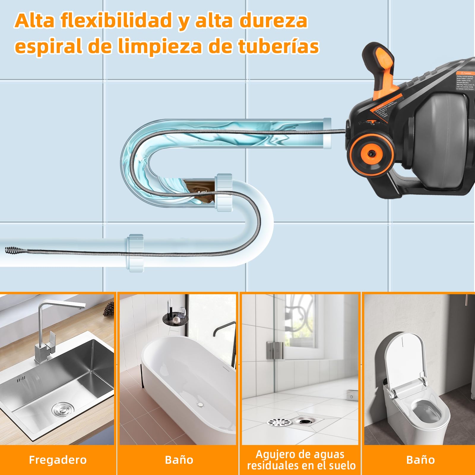 Espiral de limpieza de tuberías eléctrica de 18V con batería, 7,6m, limpiador de desagües en espiral, espiral de limpieza de tuberías para desatascar inodoros, baños, tuberías de lavabo