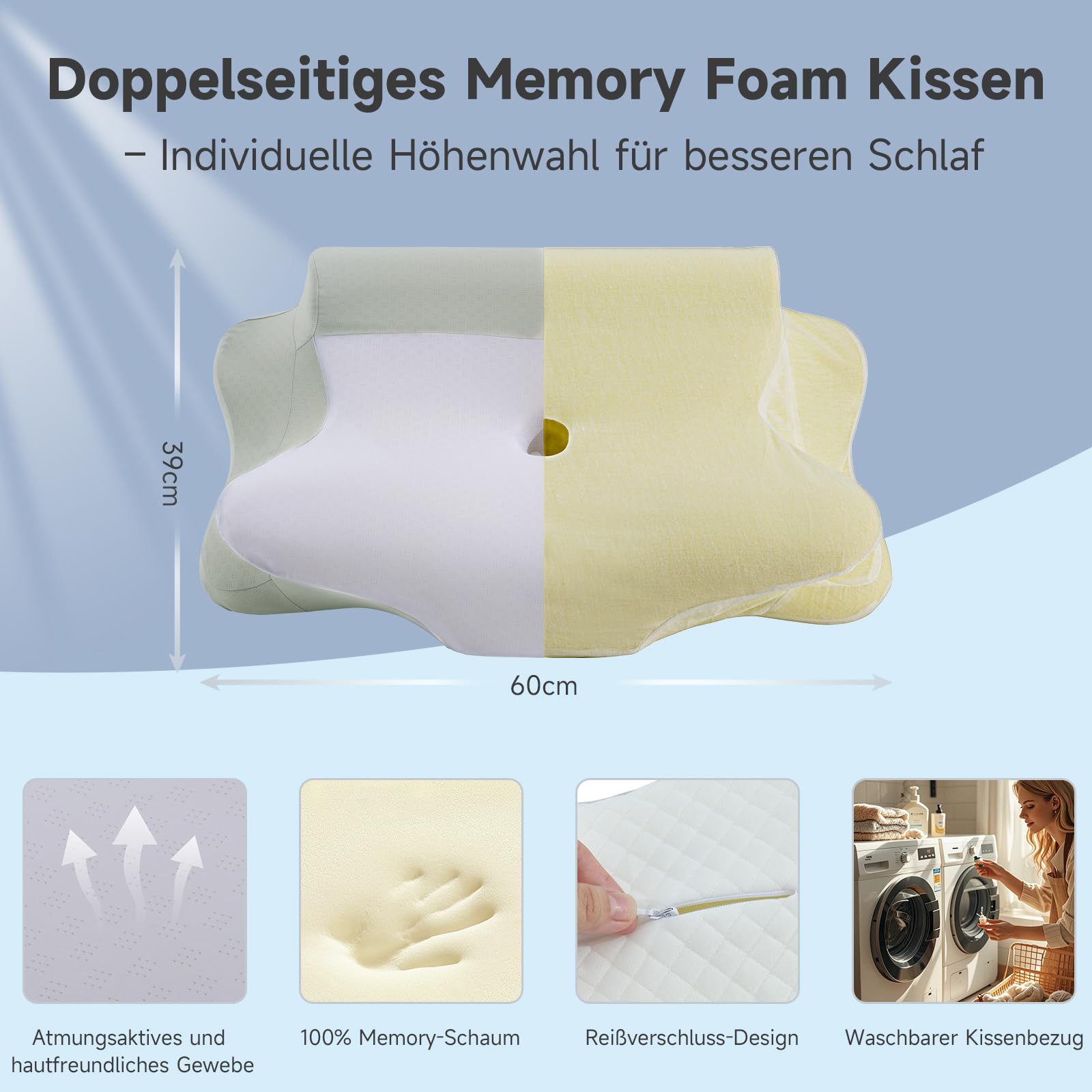 Oreiller Ergonomique Cervical Z-hom 2 En 1 Mémoire De Forme 60x40x12cm - Gris Et Blanc